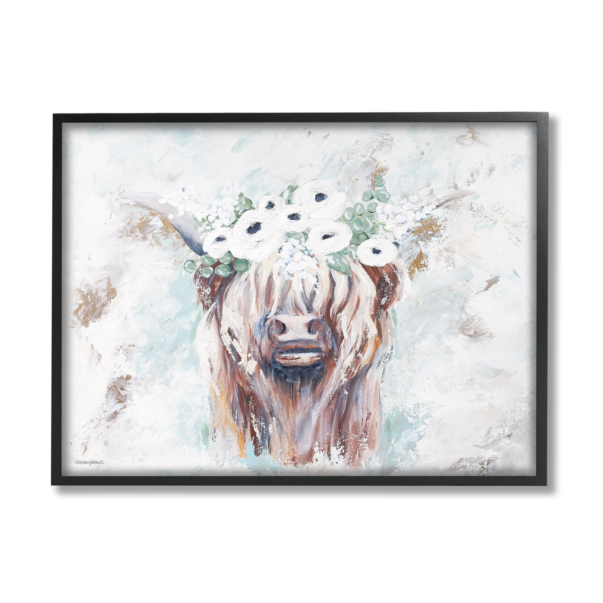 Stupell Industries Rustic Country Longhorn Cattle Flecked Flower Blossoms Framed Wall Art, 20 x 16, Design by Mackenzie Kissell