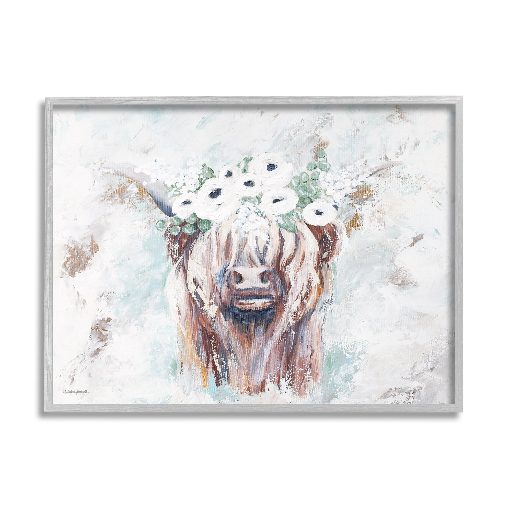 Stupell Industries Rustic Country Longhorn Cattle Flecked Flower Blossoms Framed Wall Art, 20 x 16, Design by Mackenzie Kissell