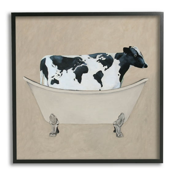Stupell Industries Rustic Cow Farmhouse Bathroom Tub Animals & Insects Painting Black Framed Art Print Wall Art