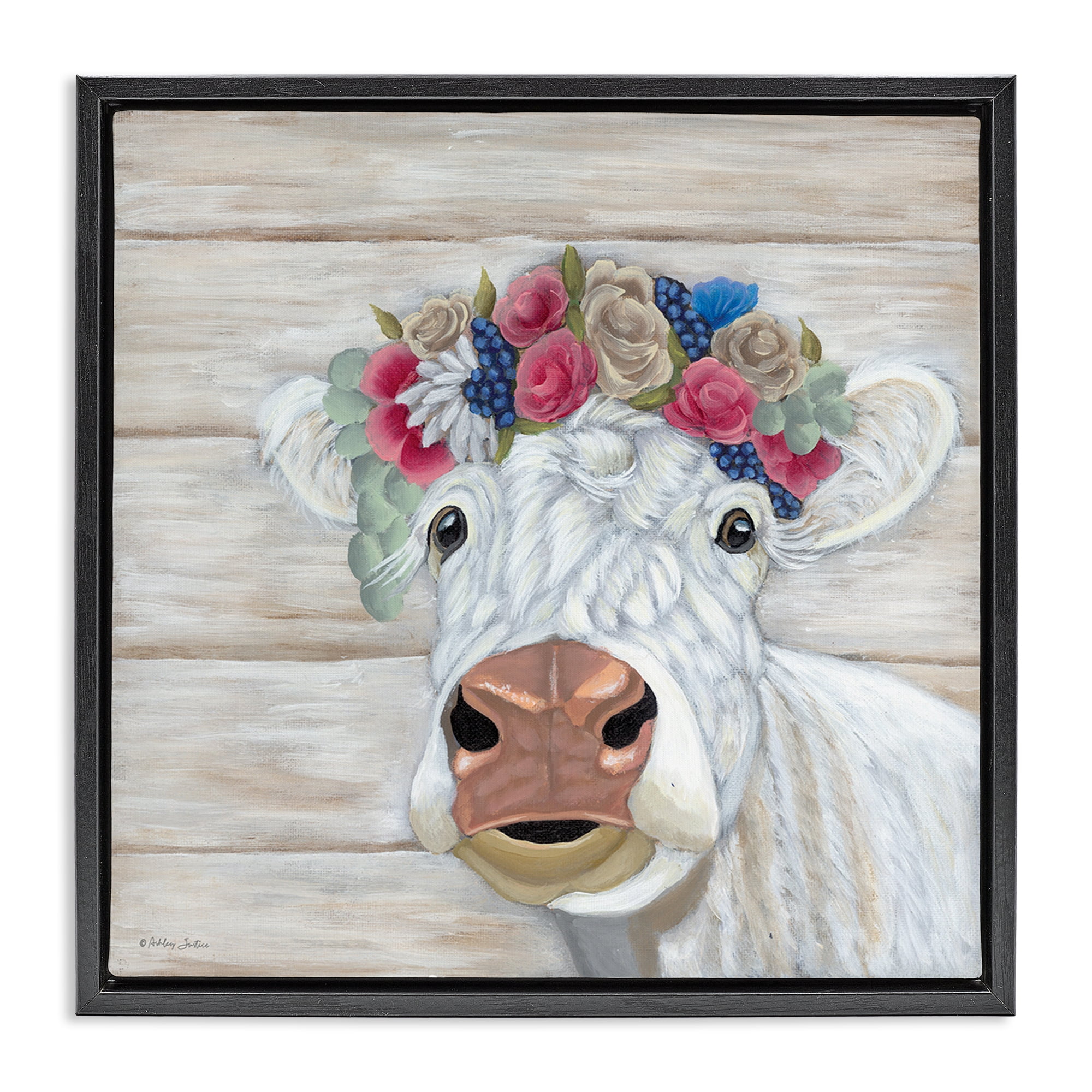 Stupell Industries Rustic Cow Flower Crown Animals & Insects Painting Black Floater Framed Canvas Art Print Wall Art, 18 x 18