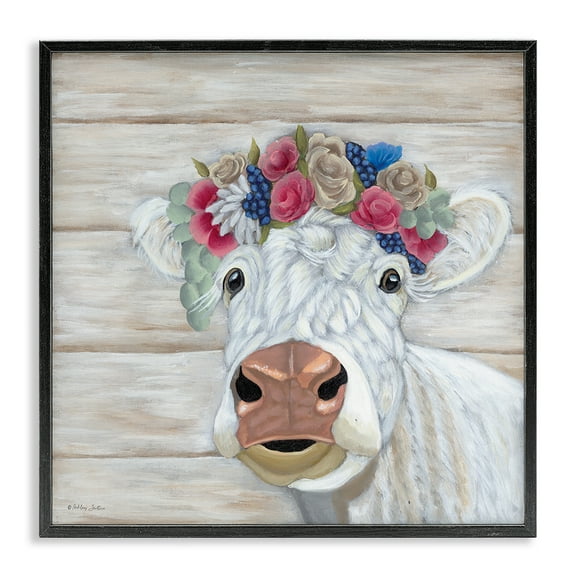 Stupell Industries Rustic Cow Flower Crown Animals & Insects Painting Black Framed Art Print Wall Art, 12 x 12