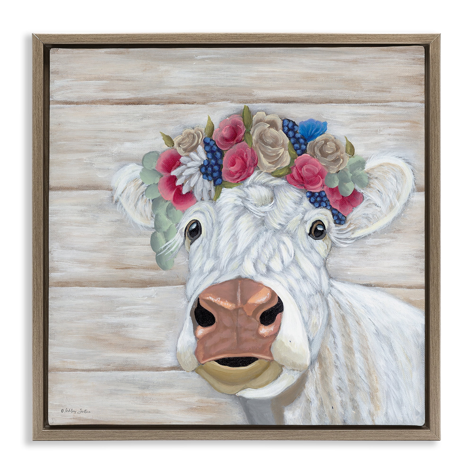 Stupell Industries Rustic Cow Flower Crown Animals & Insects Painting Brown Floater Framed Canvas Art Print Wall Art, 25 x 25