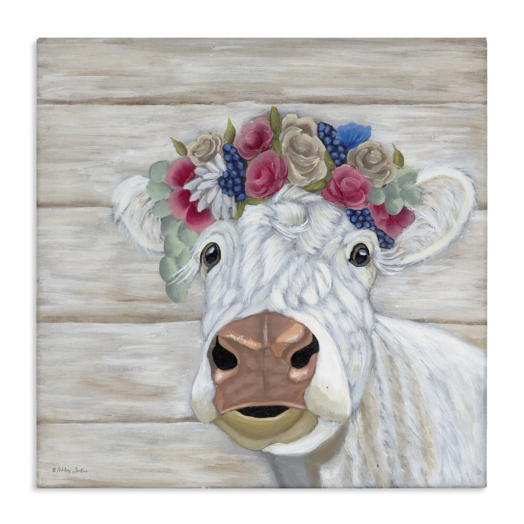 Stupell Industries Rustic Cow Flower Crown Animals & Insects Painting Gallery Wrapped Canvas Art Print Wall Art, 17 x 17