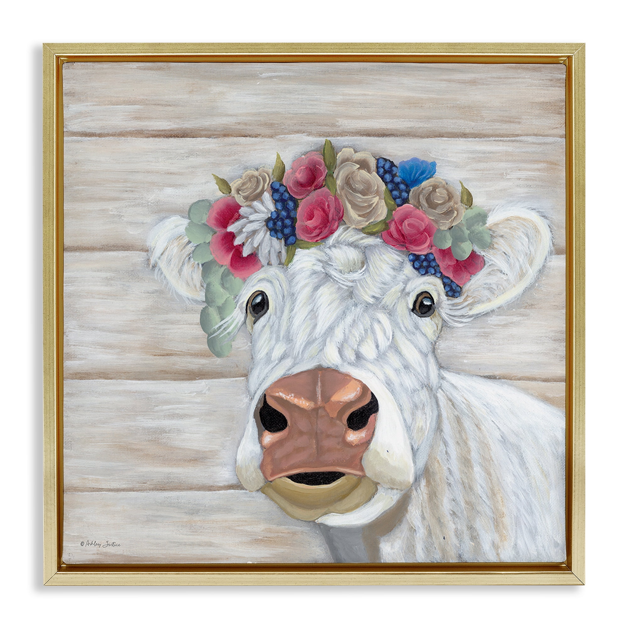 Stupell Industries Rustic Cow Flower Crown Animals & Insects Painting Gold Floater Framed Canvas Art Print Wall Art, 25 x 25