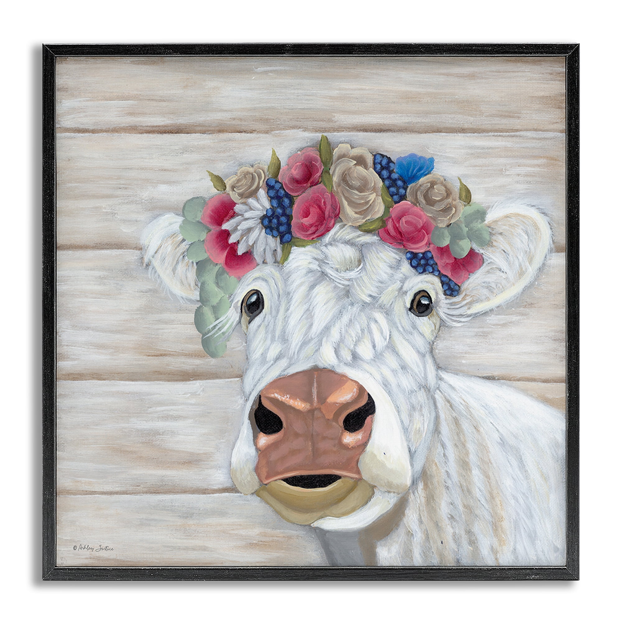 Stupell Industries Rustic Cow Flower Crown Animals & Insects Painting Gray Framed Art Print Wall Art, 17 x 17