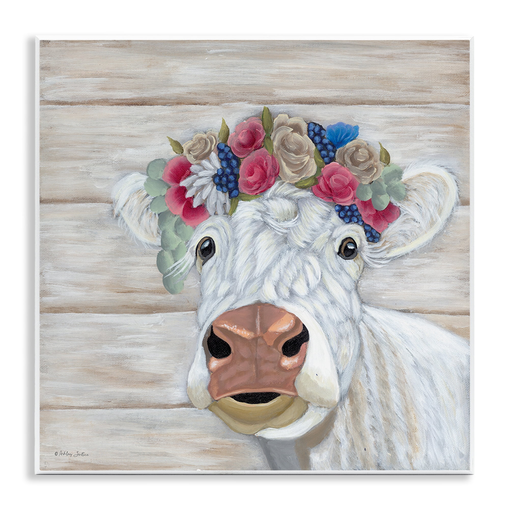 Stupell Industries Rustic Cow Flower Crown Animals & Insects Painting Unframed Art Print Wall Art, 12 x 12