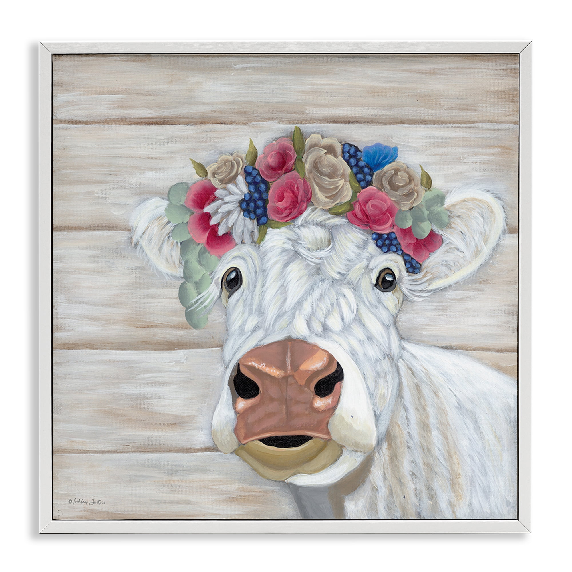Stupell Industries Rustic Cow Flower Crown Animals & Insects Painting White Framed Art Print Wall Art, 12 x 12