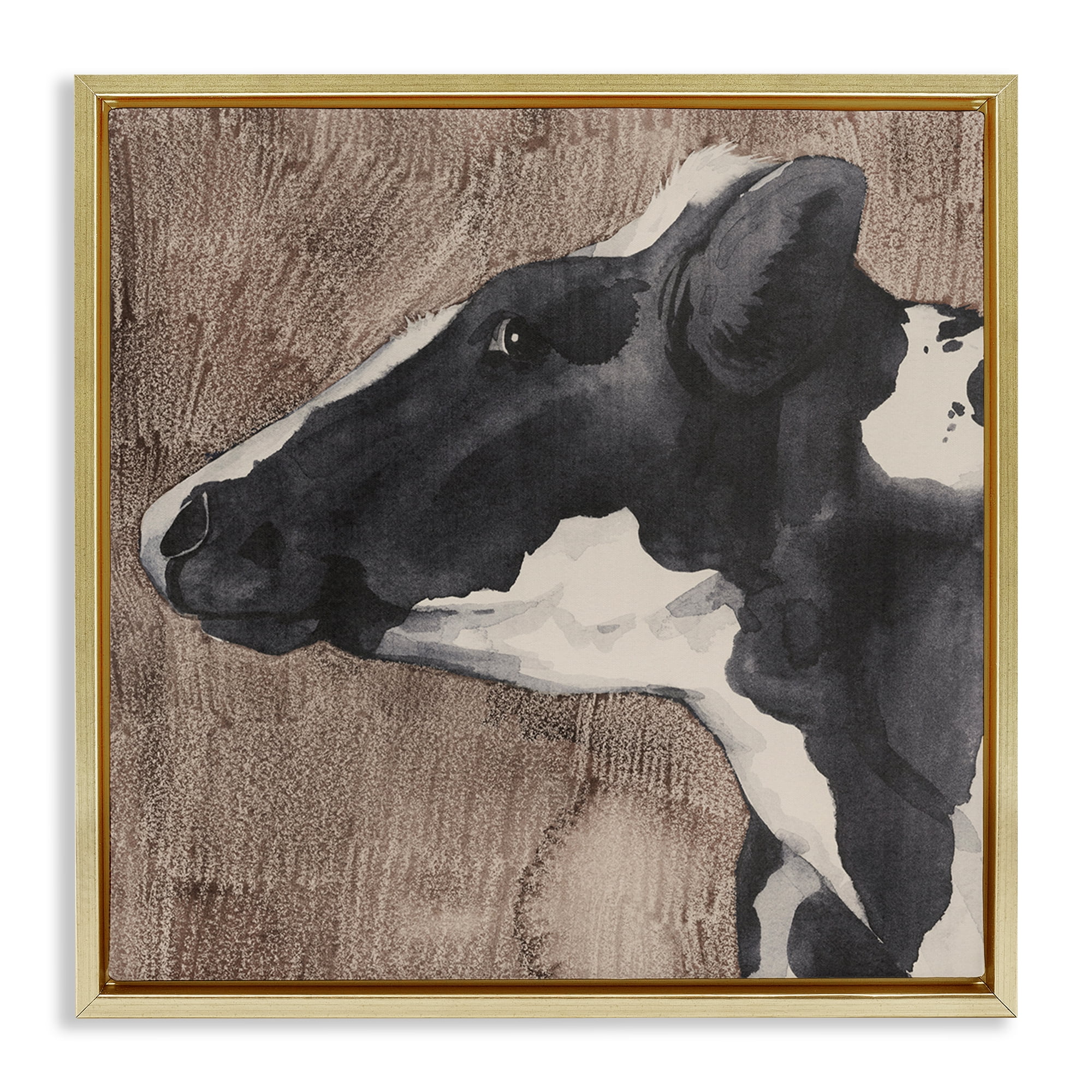 Stupell Industries Rustic Cow Looking Left Animals & Insects Painting Gold Floater Framed Canvas Art Print Wall Art, 25 x 25