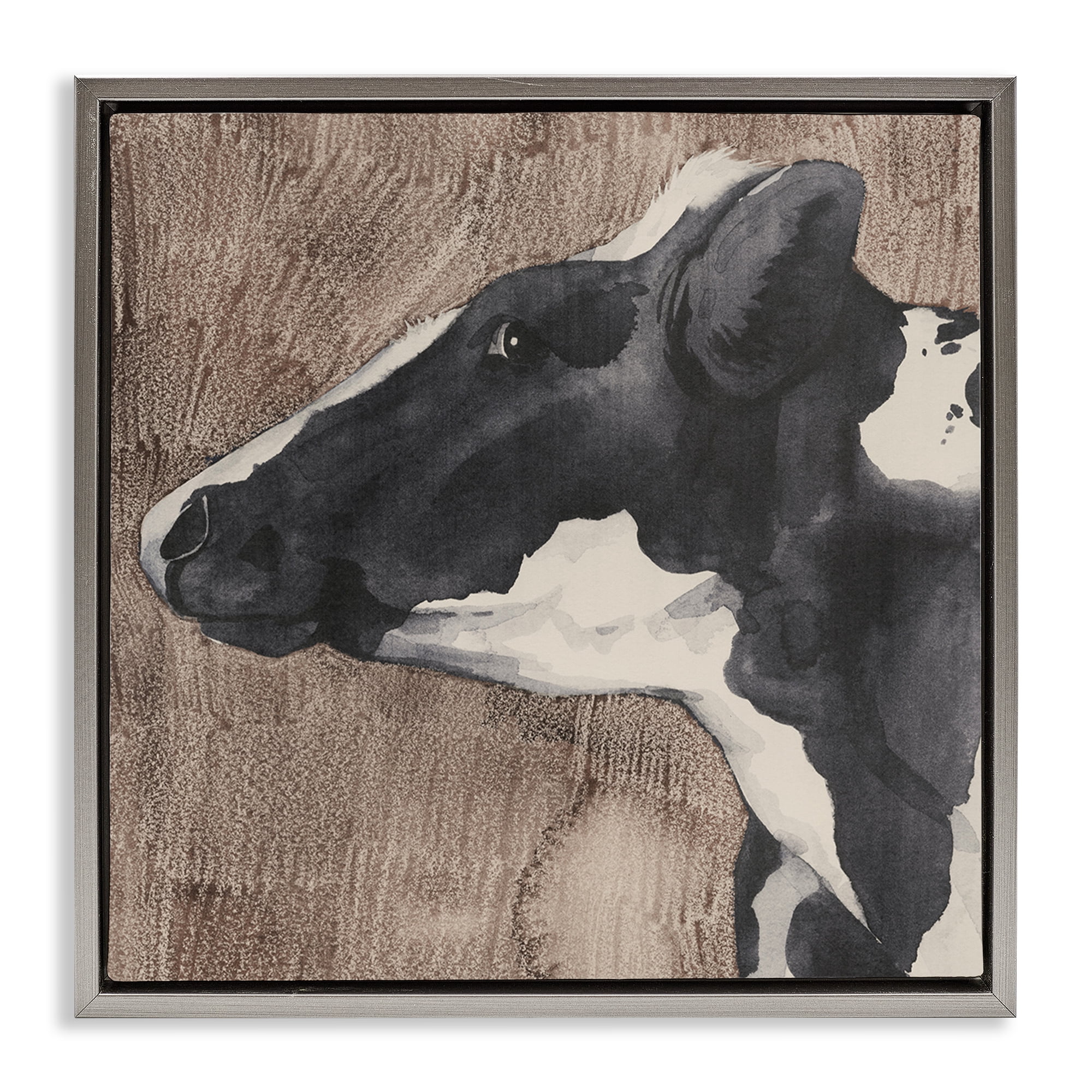 Stupell Industries Rustic Cow Looking Left Animals & Insects Painting Gray Floater Framed Canvas Art Print Wall Art, 25 x 25