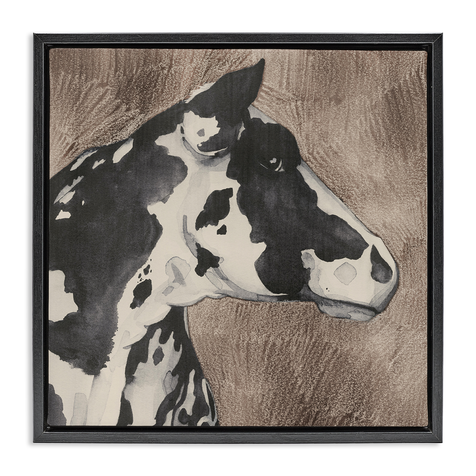 Stupell Industries Rustic Cow Looking Right Animals & Insects Painting Black Floater Framed Canvas Art Print Wall Art, 18 x 18