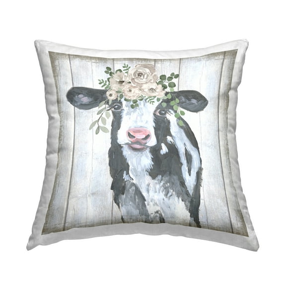 Stupell Industries Rustic Cow with Flowers Square Decorative Printed Throw Pillow, 18 x 18