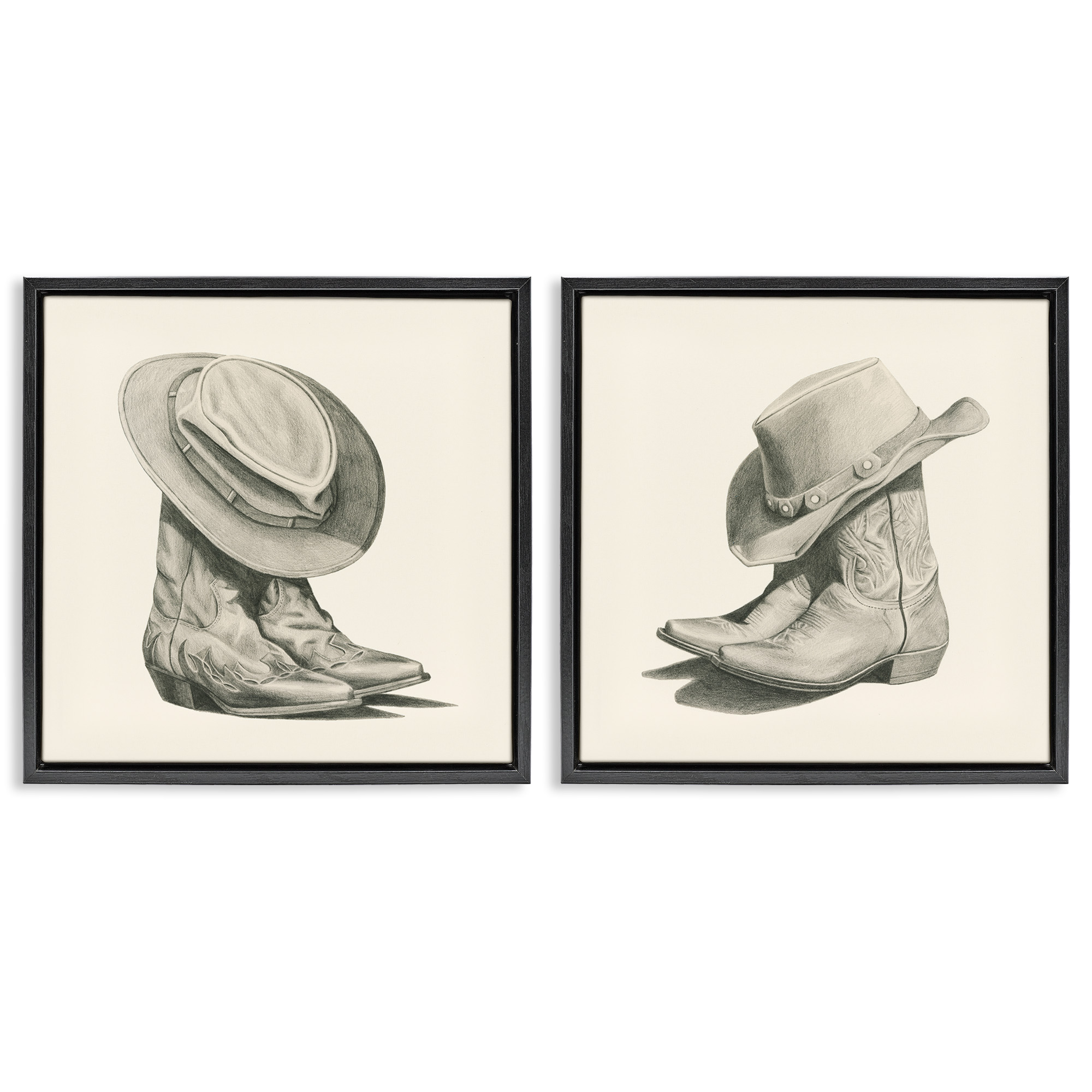 Stupell Industries Rustic Cowboy Boots Beauty & Fashion Drawing Black Floater Framed Canvas Art Print Wall Art, 25 x 25, Set of 2