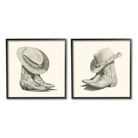 Stupell Industries Rustic Cowboy Boots Beauty & Fashion Drawing Black Framed Art Print Wall Art, 24 x 24, Set of 2
