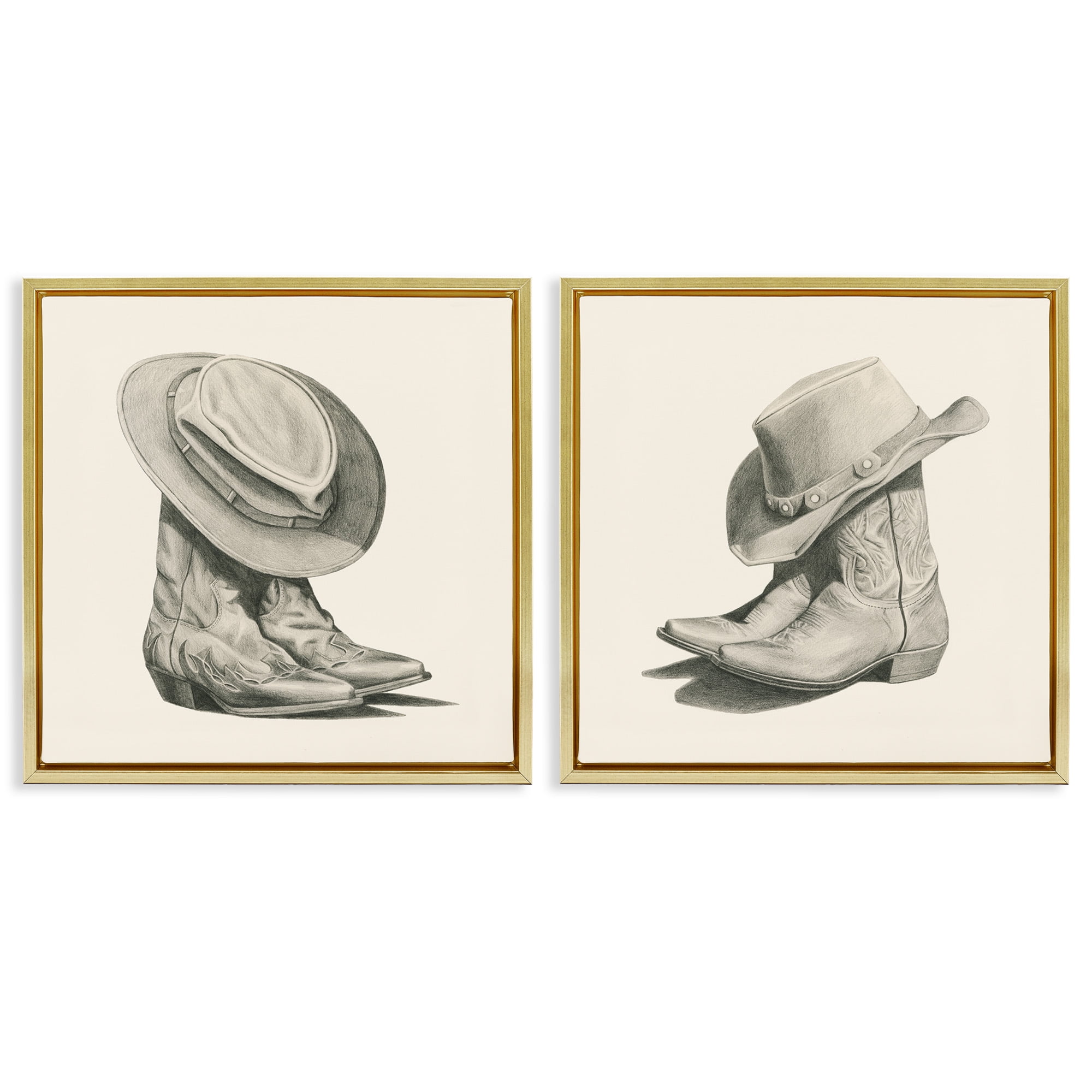 Stupell Industries Rustic Cowboy Boots Beauty & Fashion Drawing Gold Floater Framed Canvas Art Print Wall Art, 25 x 25, Set of 2