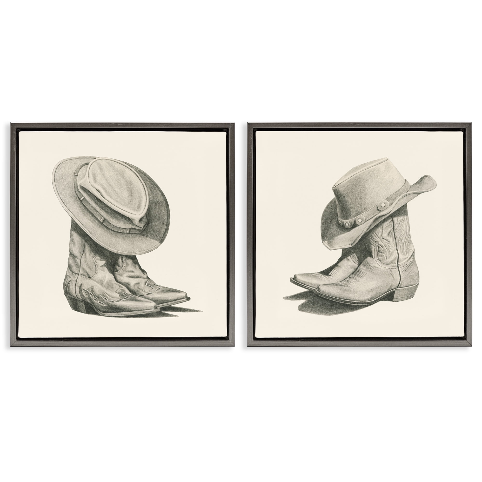Stupell Industries Rustic Cowboy Boots Beauty & Fashion Drawing Gray Floater Framed Canvas Art Print Wall Art, 18 x 18, Set of 2