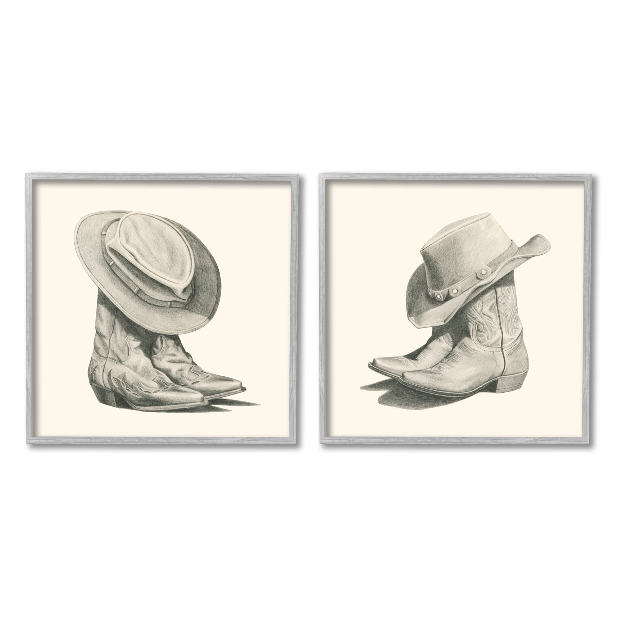 Stupell Industries Rustic Cowboy Boots Beauty & Fashion Drawing Gray Framed Art Print Wall Art, 12 x 12, Set of 2