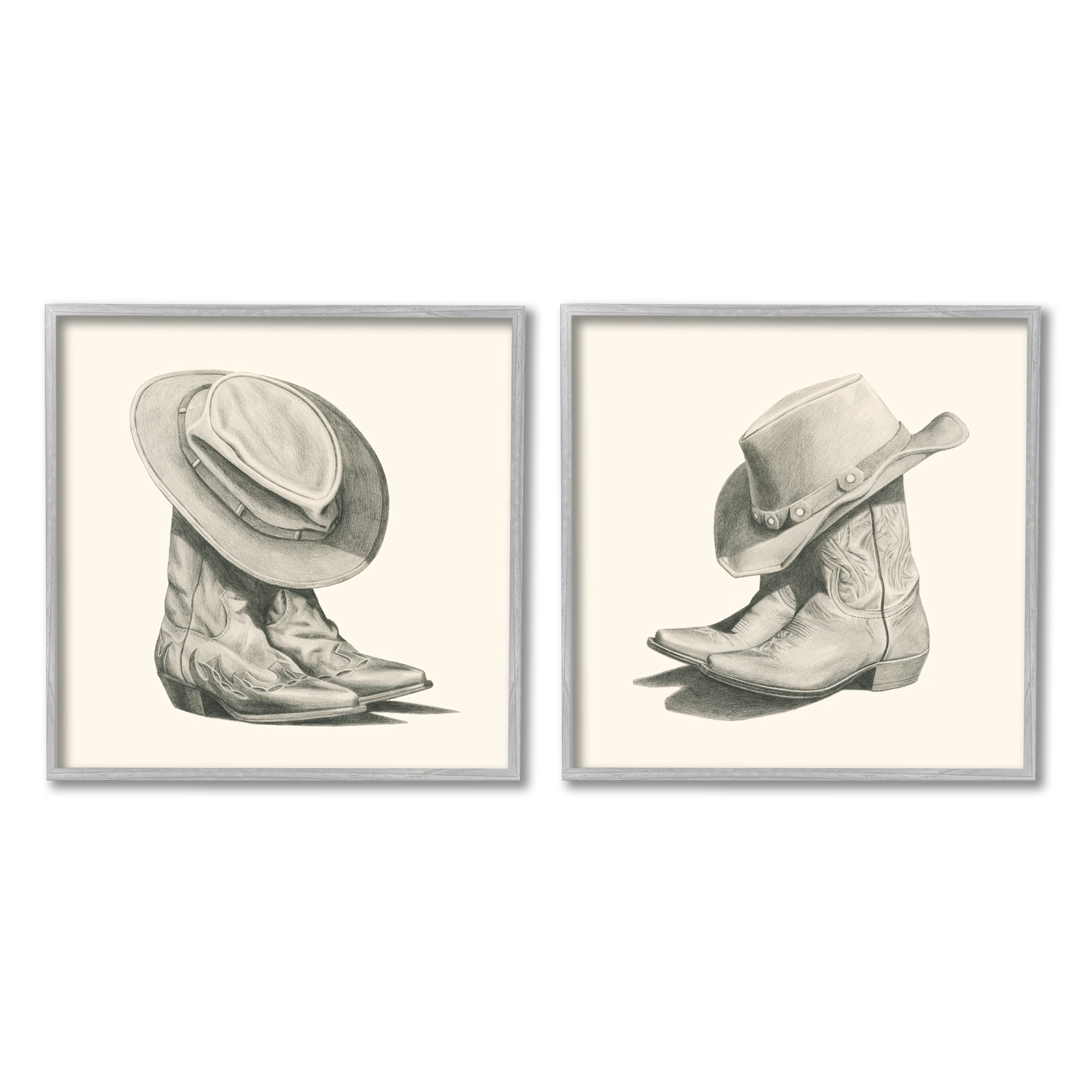 Stupell Industries Rustic Cowboy Boots Beauty & Fashion Drawing Gray Framed Art Print Wall Art, 24 x 24, Set of 2