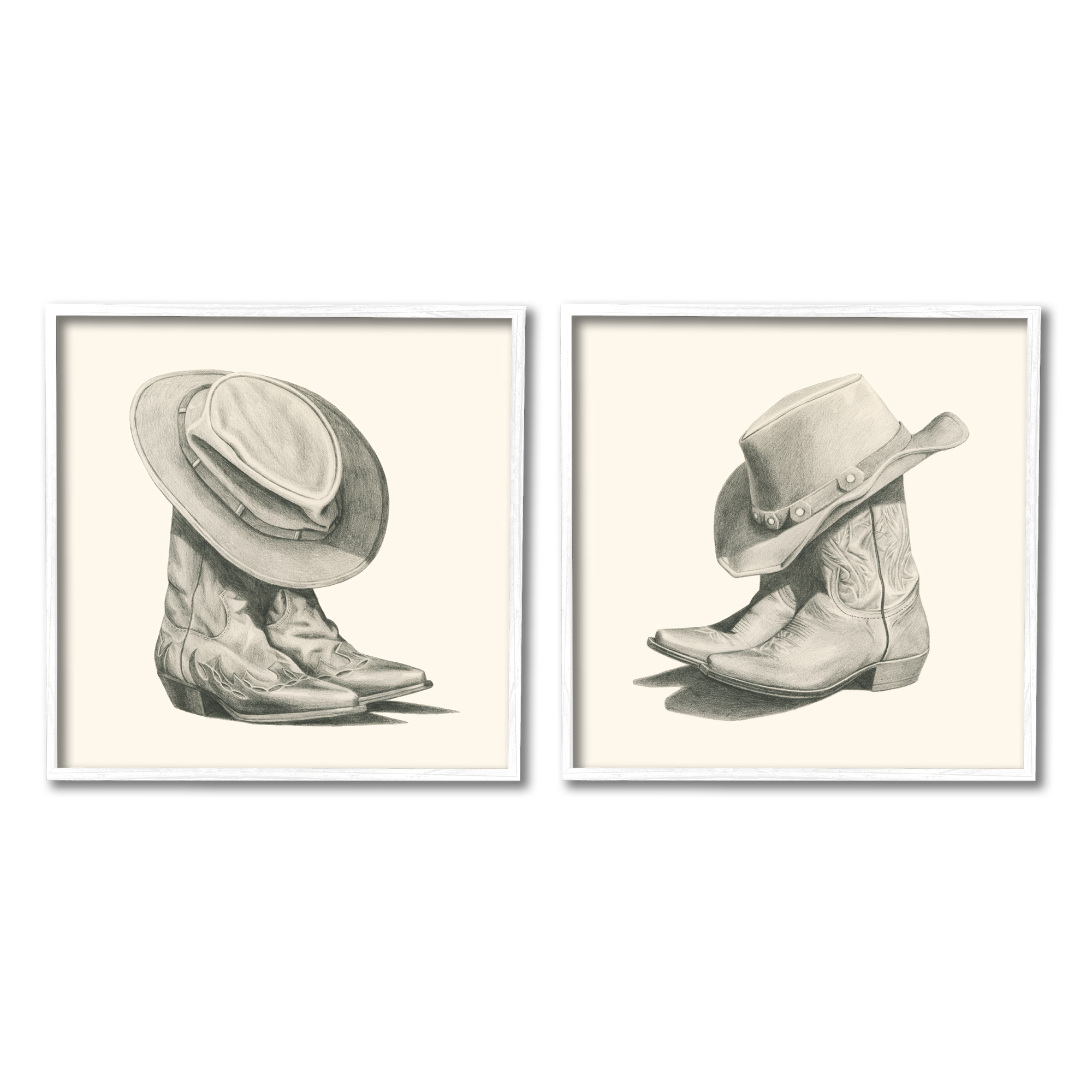 Stupell Industries Rustic Cowboy Boots Beauty & Fashion Drawing White Framed Art Print Wall Art, 24 x 24, Set of 2
