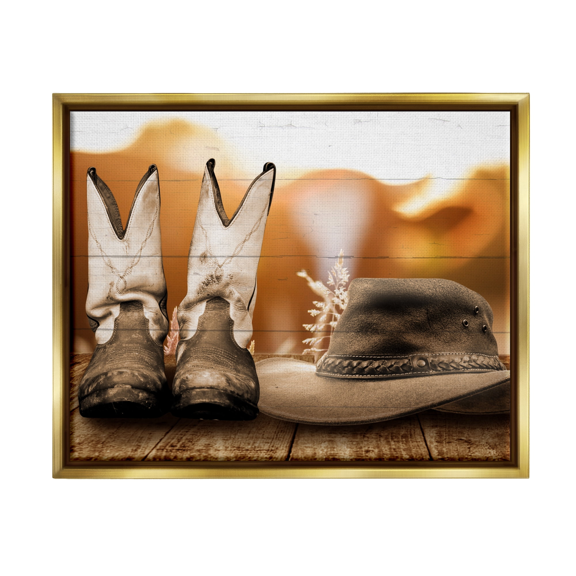 Stupell Industries Rustic Cowboy Boots Beauty & Fashion Painting Gold Floater Framed Canvas Art Print Wall Art, 21 x 17