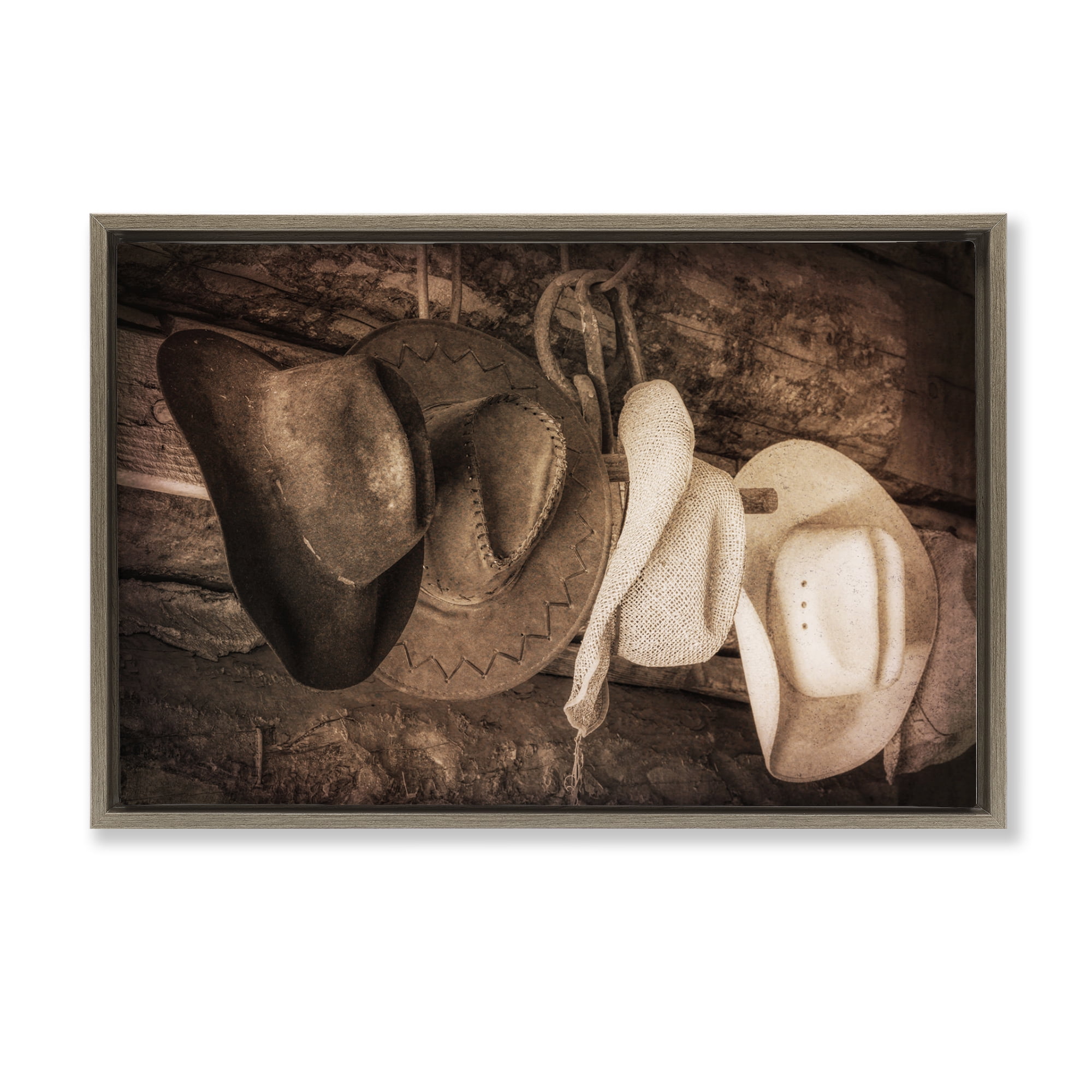 Stupell Industries Rustic Cowboy Hats Entertainment Painting Brown Floater Framed Canvas Art Print Wall Art, 31 x 21
