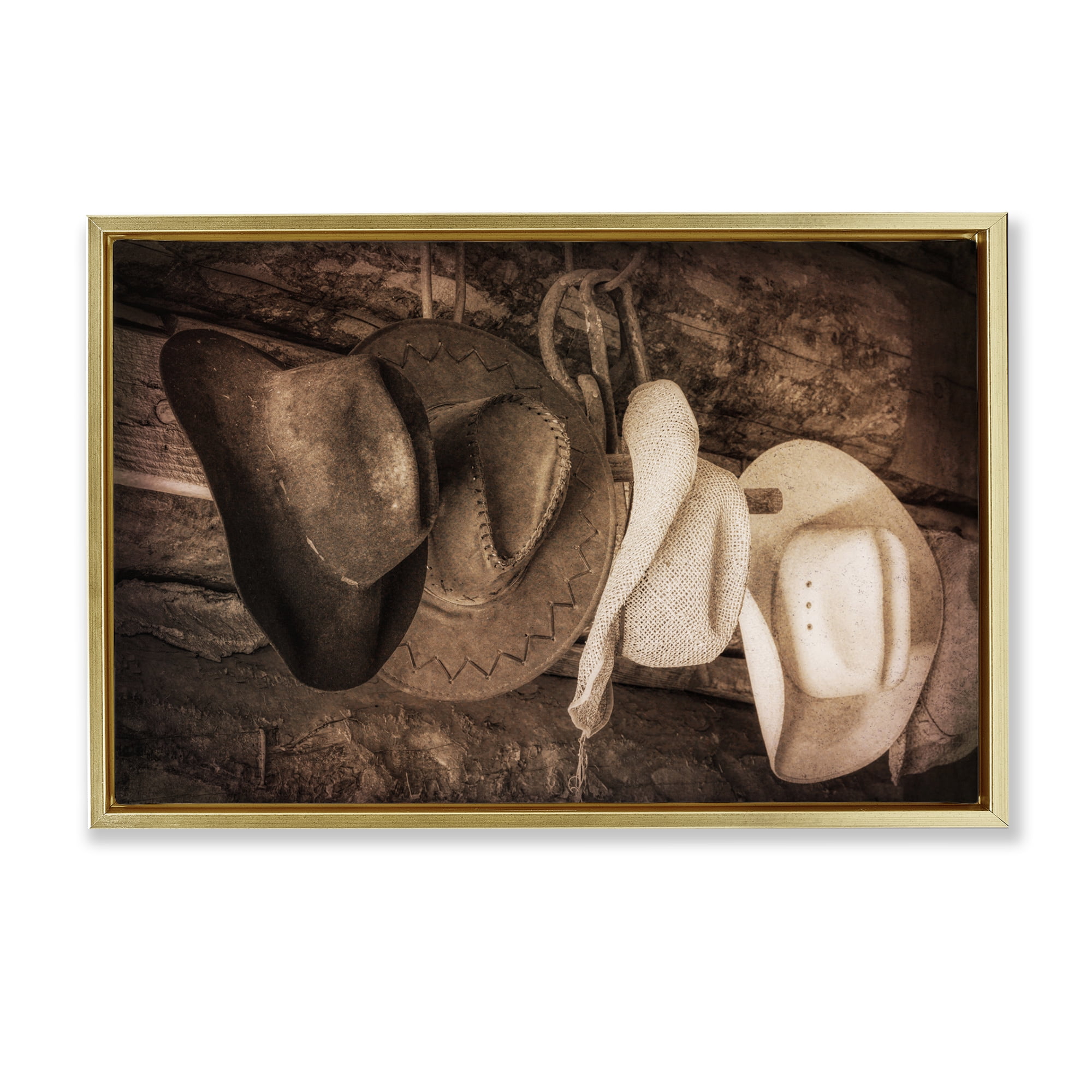 Stupell Industries Rustic Cowboy Hats Entertainment Painting Gold Floater Framed Canvas Art Print Wall Art, 31 x 21