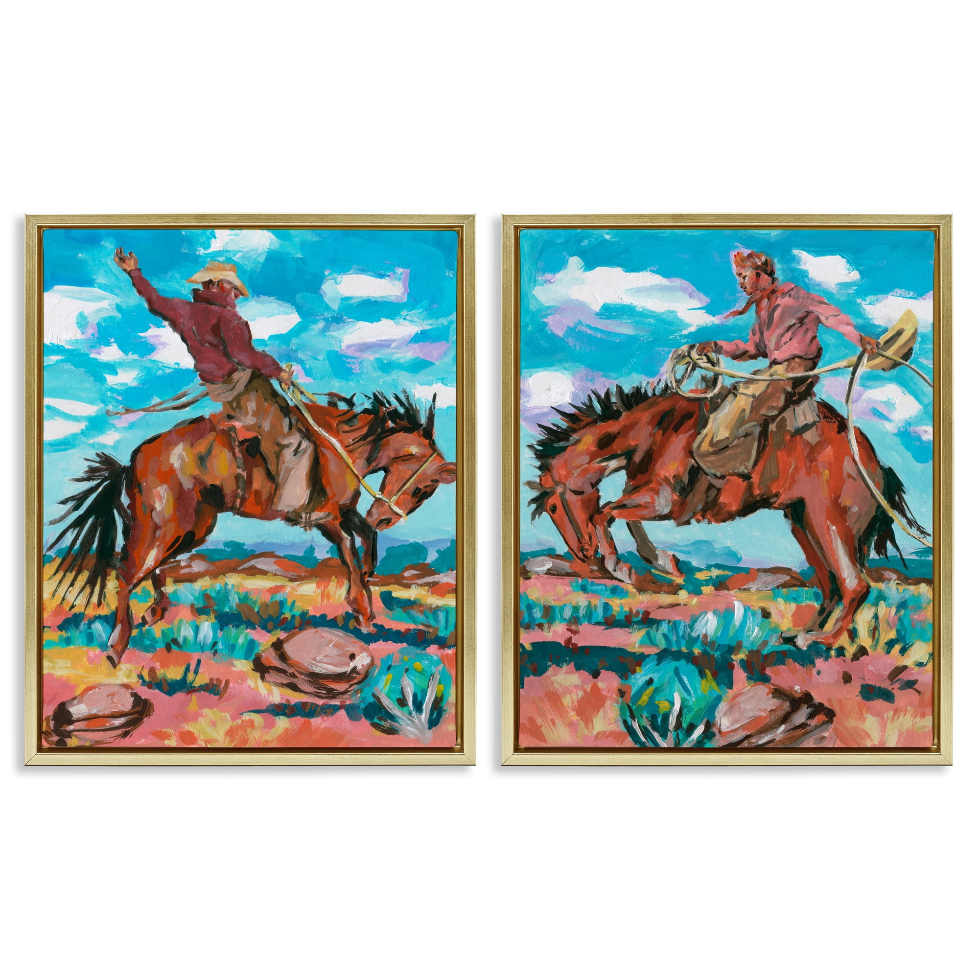 Stupell Industries Rustic Cowboys in Desert Entertainment Painting Gold Floater Framed Canvas Art Print Wall Art, 17 x 21, Set of 2