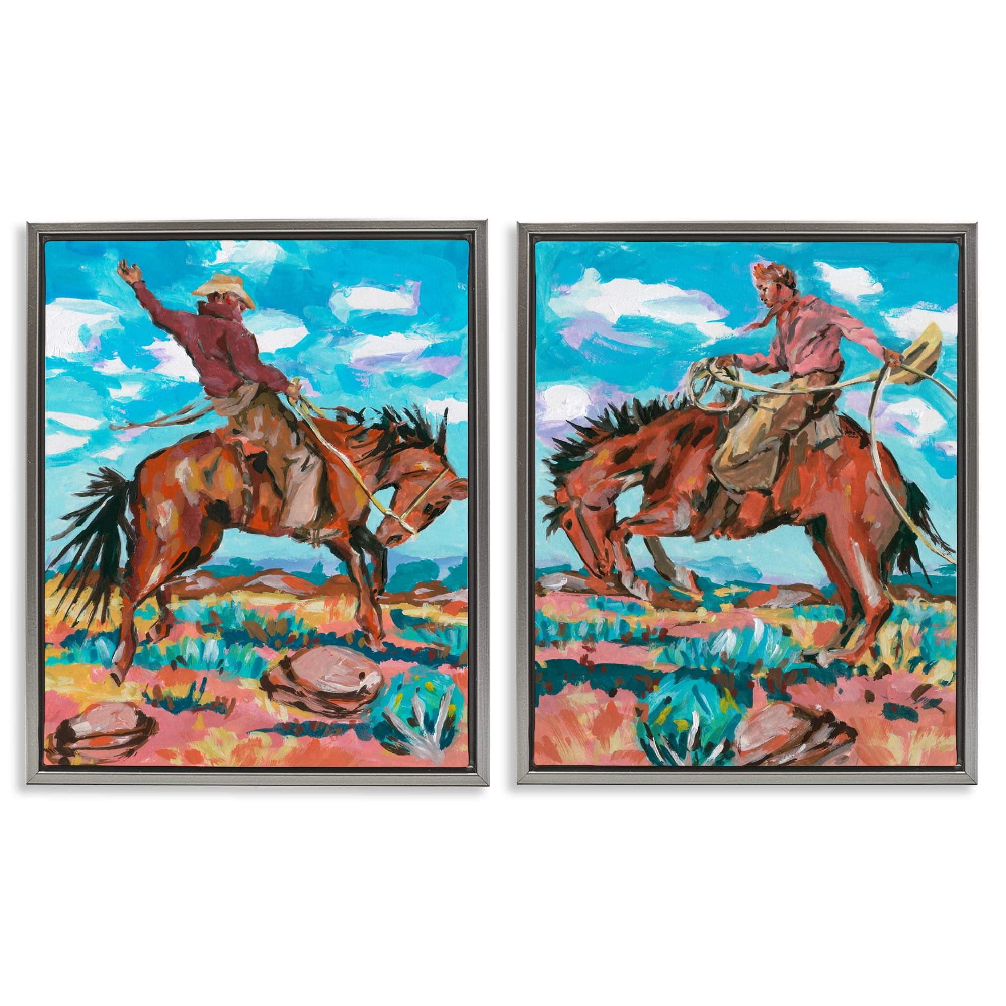 Stupell Industries Rustic Cowboys in Desert Entertainment Painting Gray Floater Framed Canvas Art Print Wall Art, 31 x 25, Set of 2