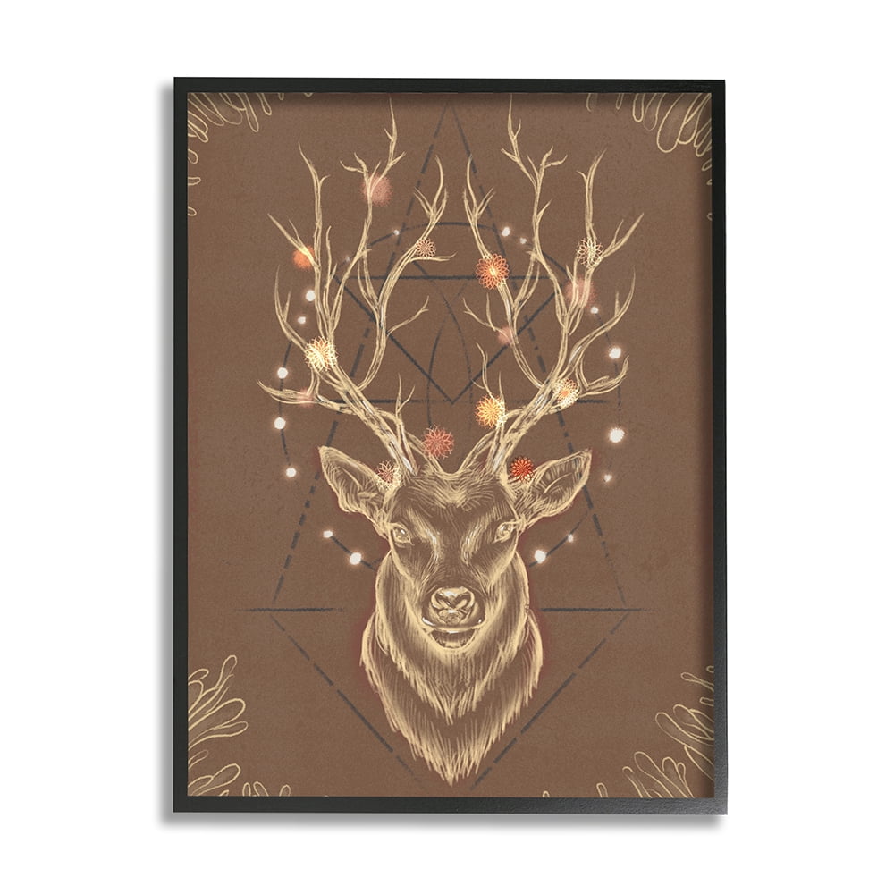 Rustic Deer Antlers Abstract Canvas Wall Art in Black Frame