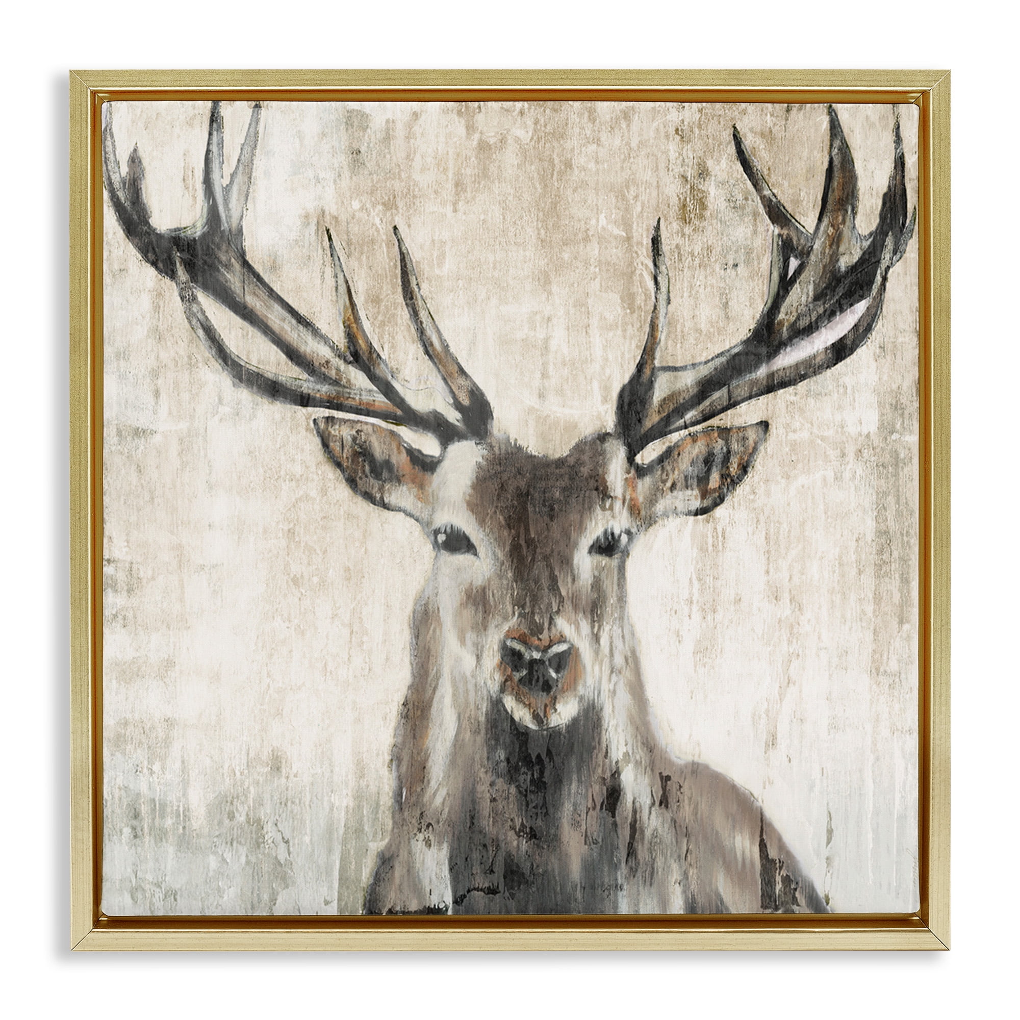 Stupell Industries Rustic Deer Elk Wildlife Portrait Animals & Insects Painting Gold Floater Framed Canvas Art Print Wall Art, 25 x 25