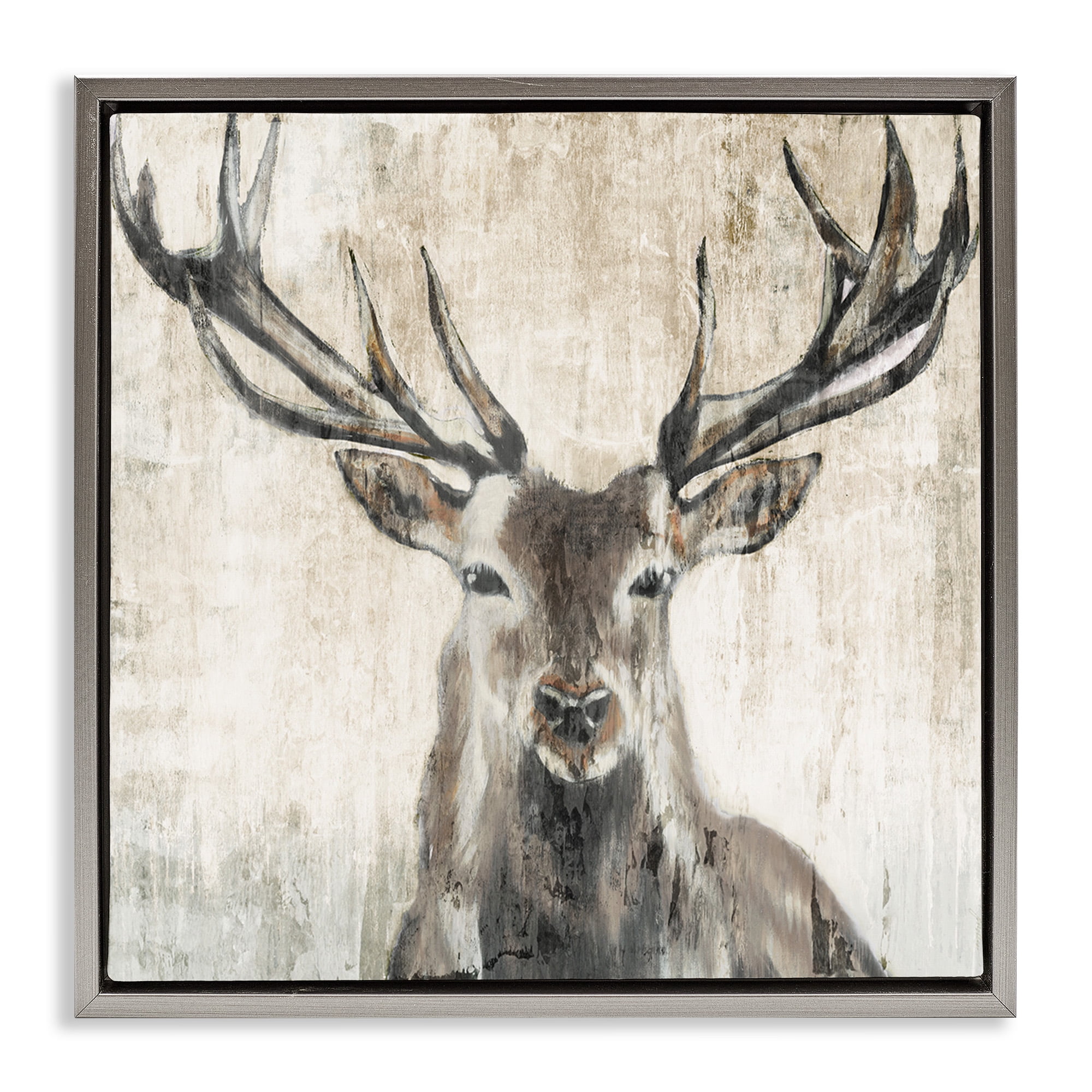 Stupell Industries Rustic Deer Elk Wildlife Portrait Animals & Insects Painting Gray Floater Framed Canvas Art Print Wall Art, 25 x 25