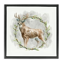 Stupell Industries Rustic Deer with Wreath Animals & Insects Painting Black Floater Framed Canvas Art Prints Wall Art, 18 x 18