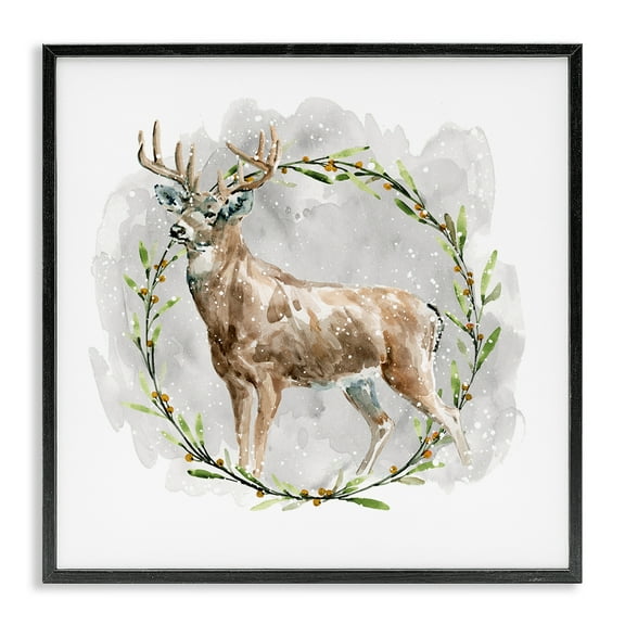Stupell Industries Rustic Deer with Wreath Animals & Insects Painting Black Framed Art Prints Wall Art, 12 x 12