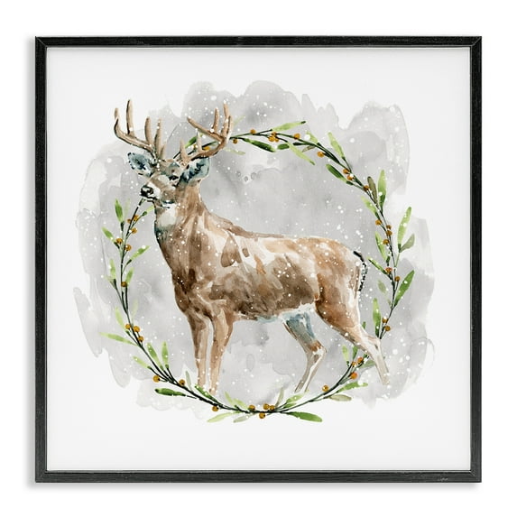 Stupell Industries Rustic Deer with Wreath Animals & Insects Painting Black Framed Art Prints Wall Art, 12 x 12