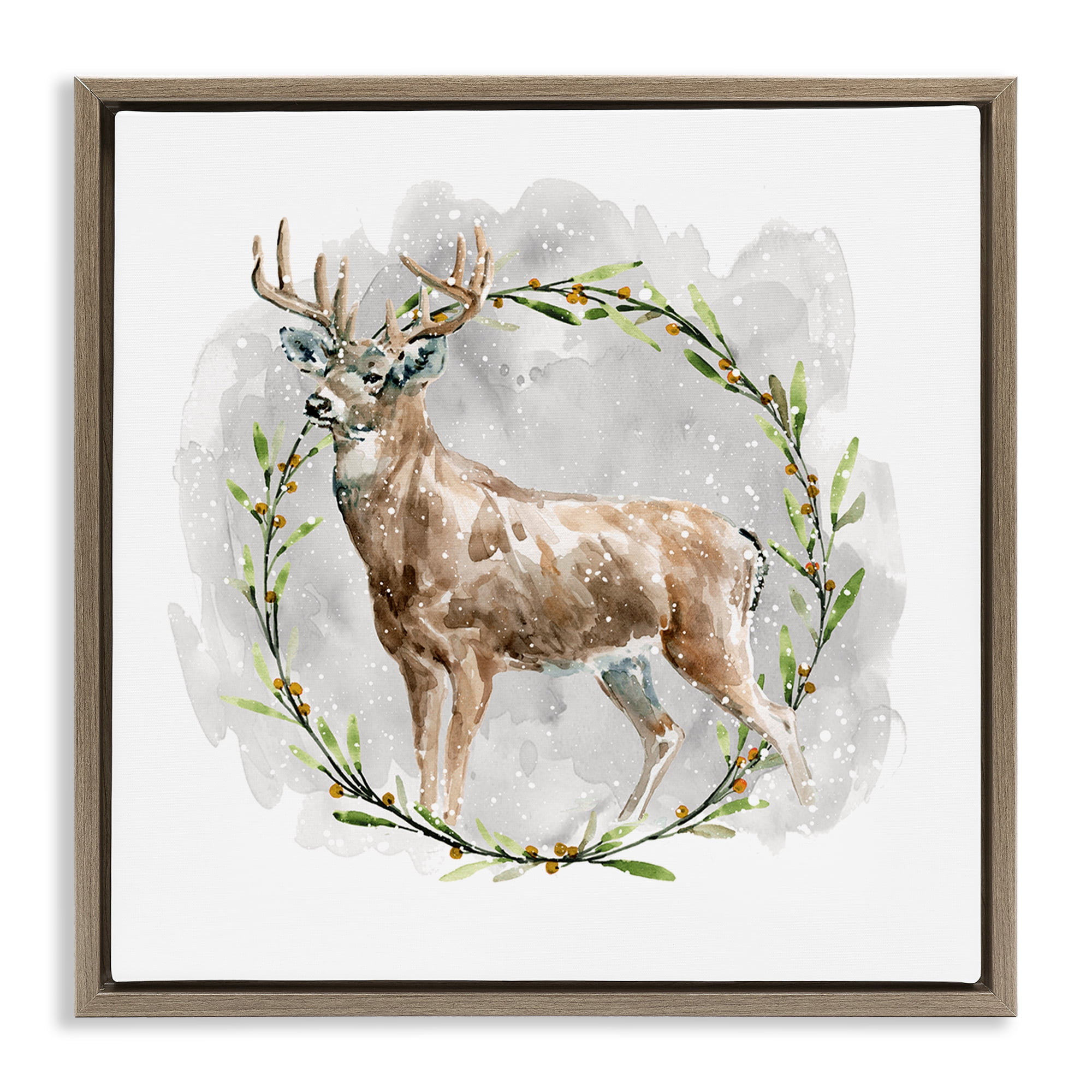 Stupell Industries Rustic Deer with Wreath Animals & Insects Painting Brown Floater Framed Canvas Art Prints Wall Art, 25 x 25