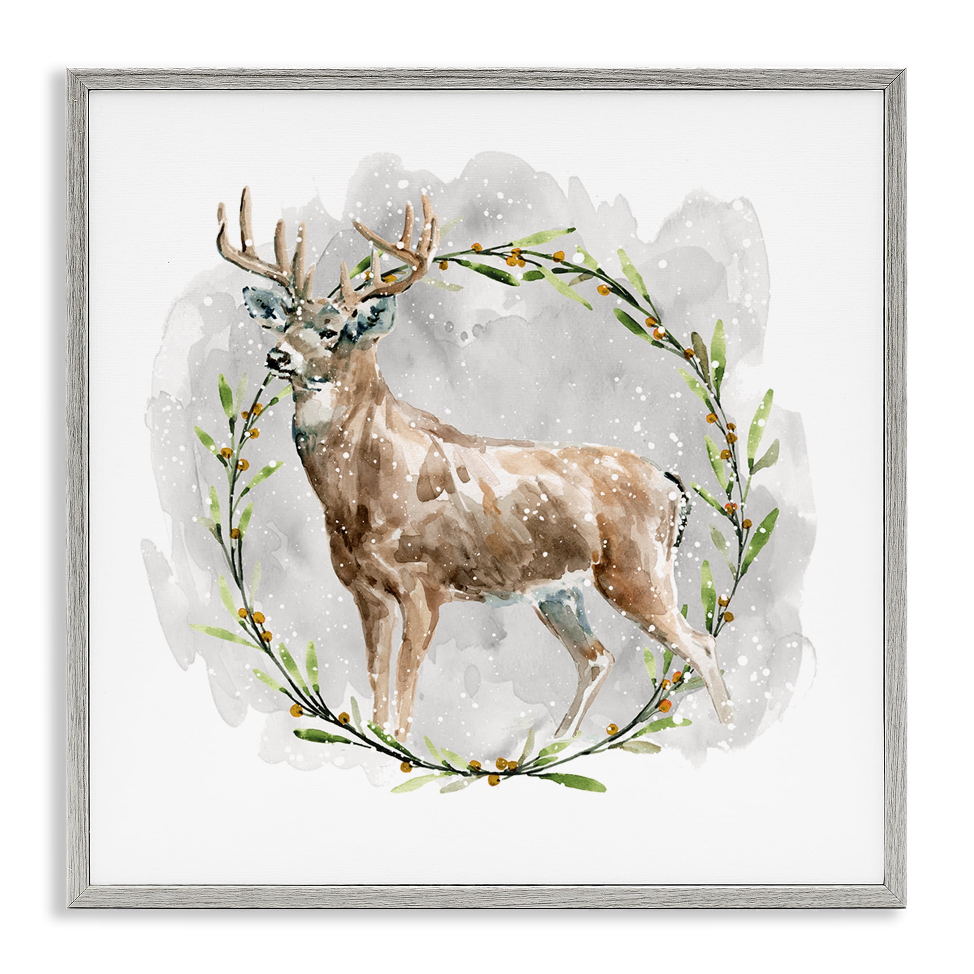 Stupell Industries Rustic Deer with Wreath Animals & Insects Painting Gray Framed Art Prints Wall Art, 12 x 12