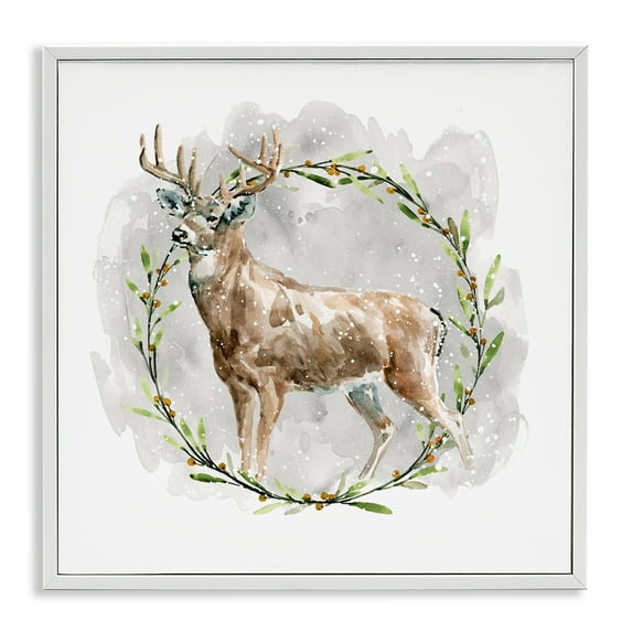 Stupell Industries Rustic Deer with Wreath Animals & Insects Painting White Framed Art Prints Wall Art, 12 x 12