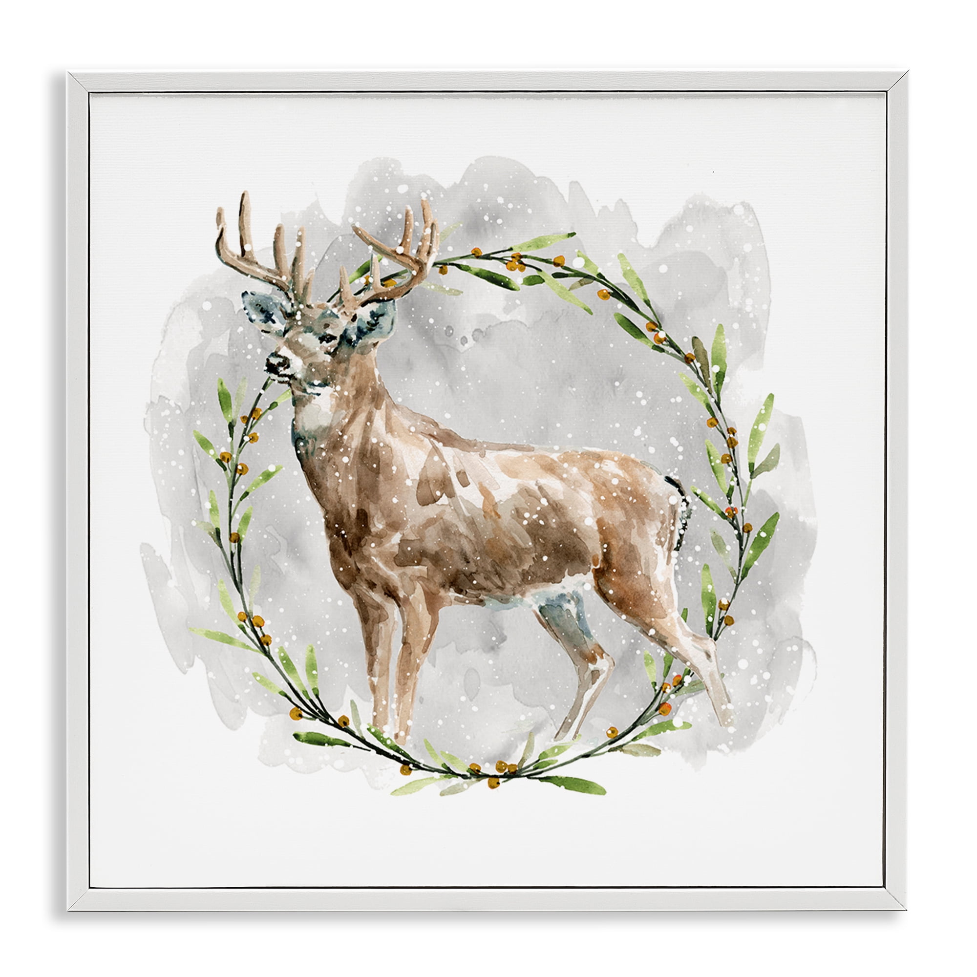 Stupell Industries Rustic Deer with Wreath Animals & Insects Painting White Framed Art Prints Wall Art, 24 x 24