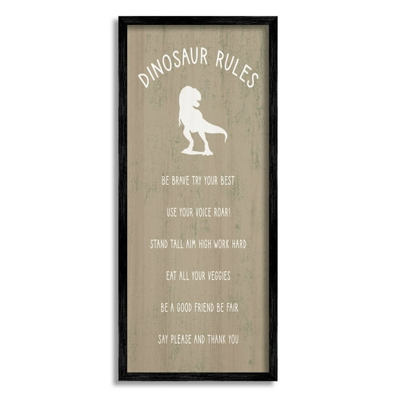 Stupell Industries Rustic Dinosaur Rules List of Motivational Phrases Kids Painting Black Framed Art Print Wall Art, 13 x 30, Design by Daphne Polselli