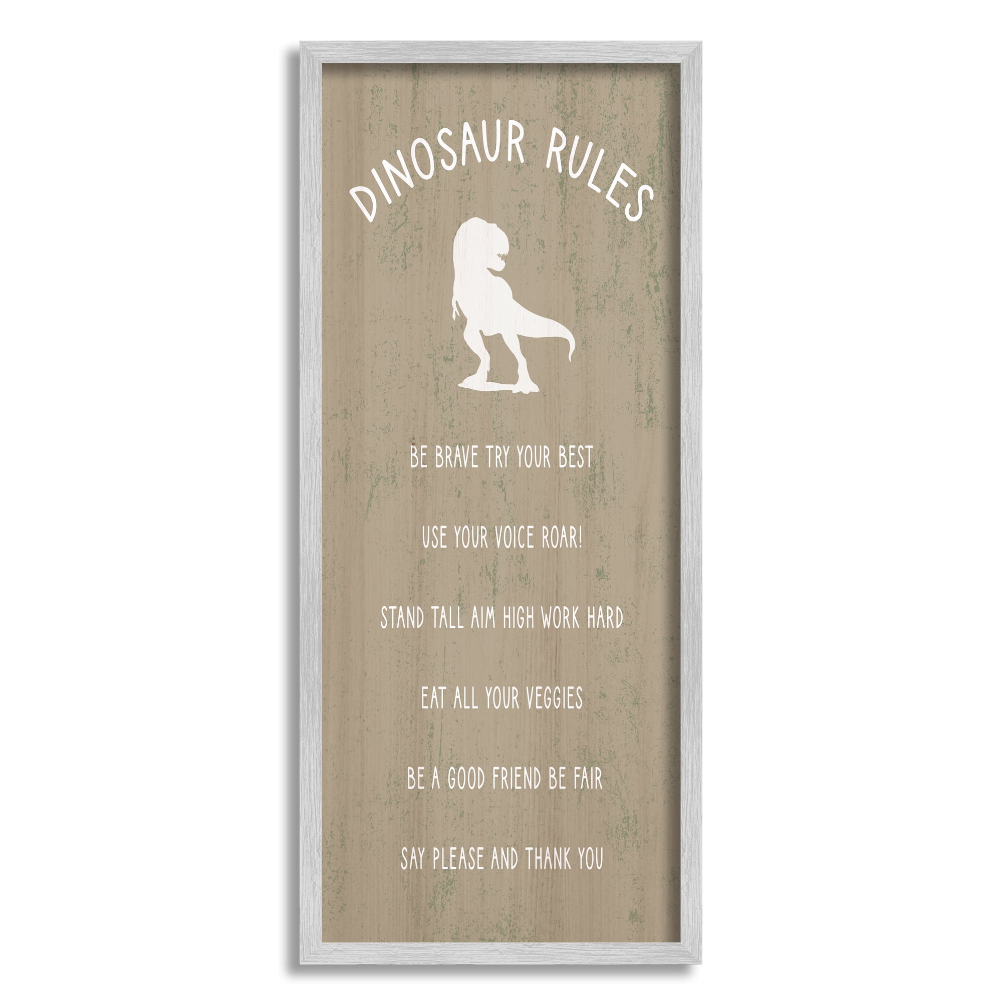 Stupell Industries Rustic Dinosaur Rules List of Motivational Phrases Inspirational Painting Gray Framed Art Print Wall Art, 13 x 30