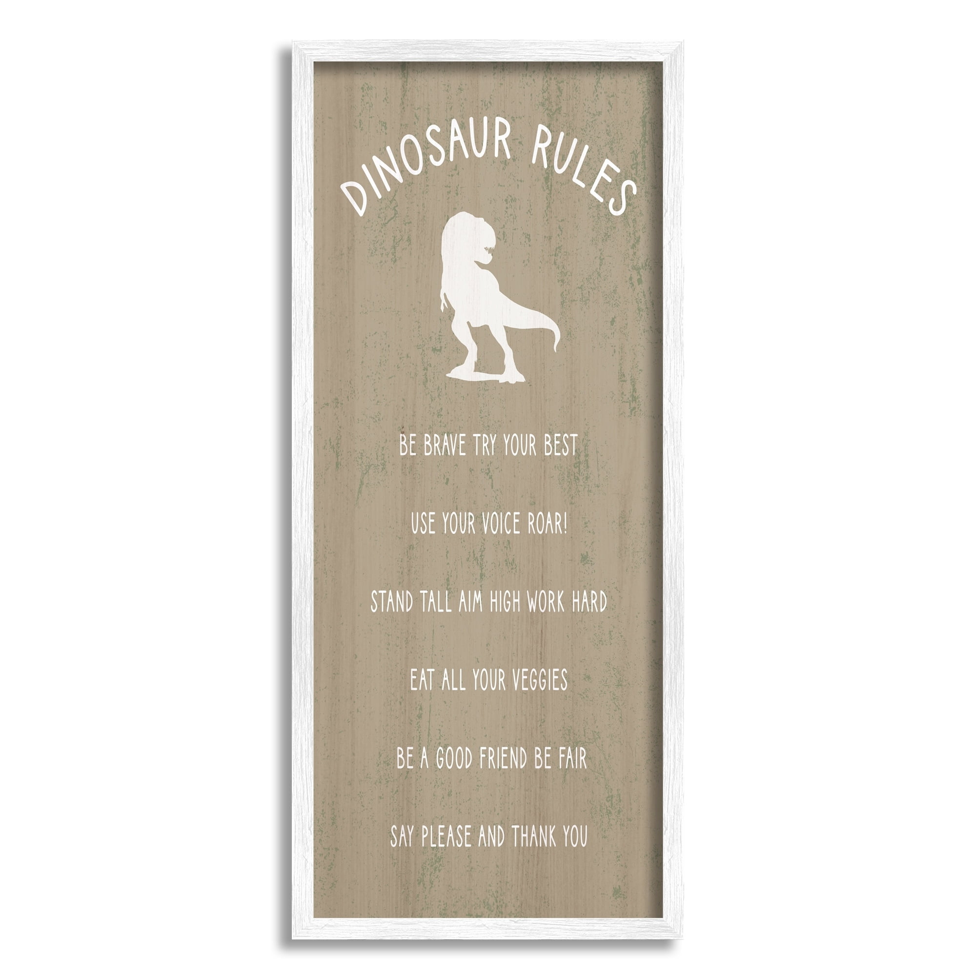 Stupell Industries Rustic Dinosaur Rules List of Motivational Phrases Inspirational Painting White Framed Art Print Wall Art, 13 x 30