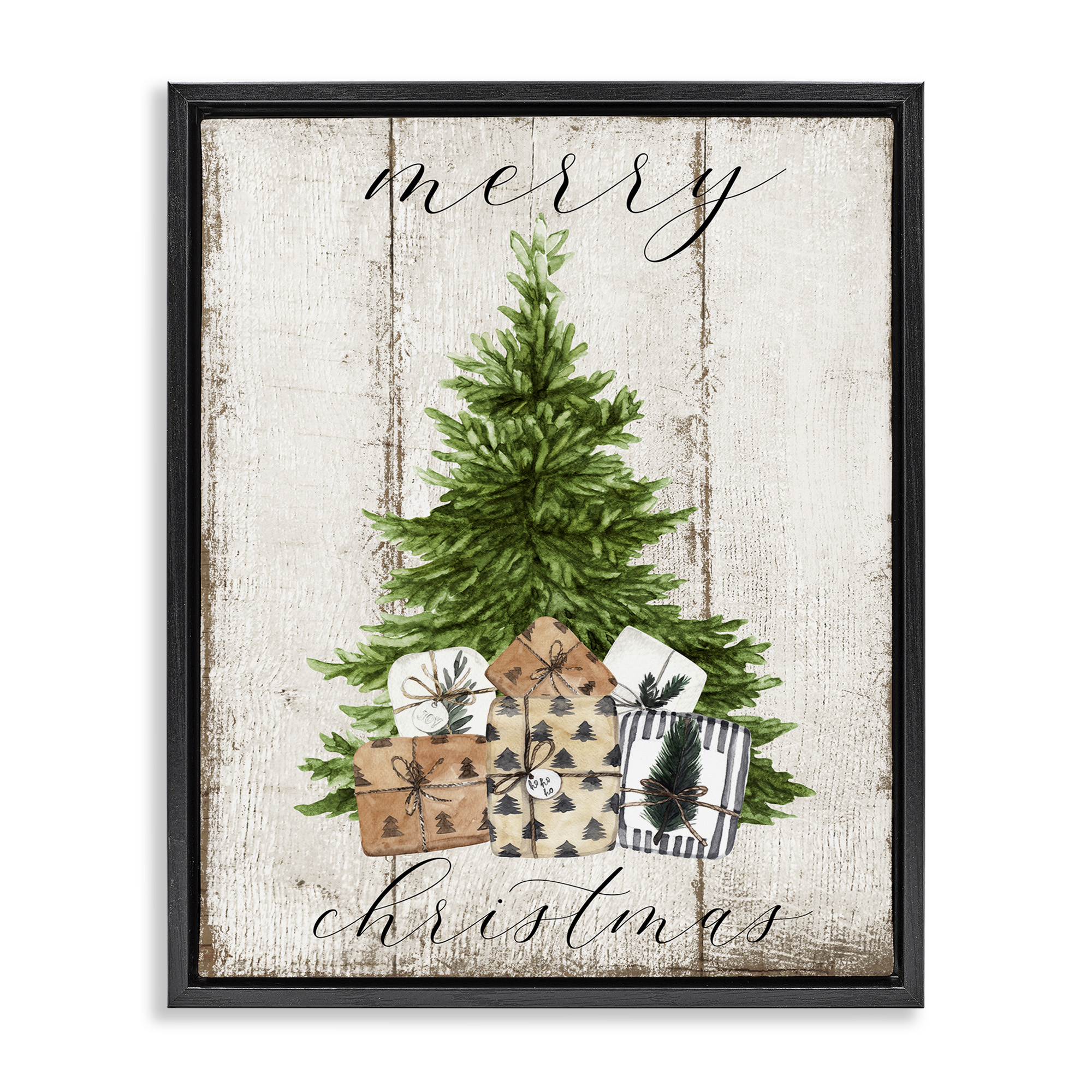 Stupell Industries Rustic Distressed Christmas Tree Holiday Painting Black Floater Framed Canvas Art Print Wall Art, 17 x 21