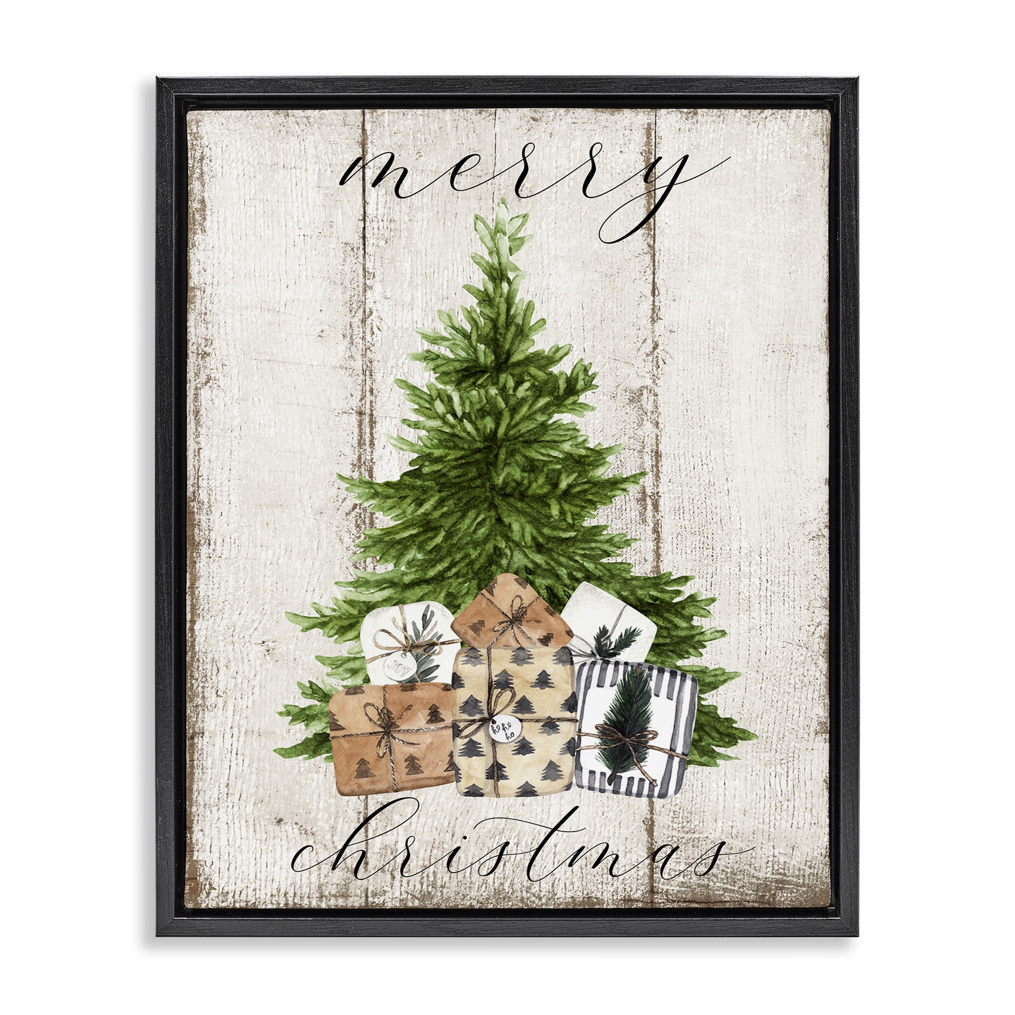 Stupell Industries Rustic Distressed Christmas Tree Holiday Painting Black Floater Framed Canvas Art Print Wall Art, 25 x 31