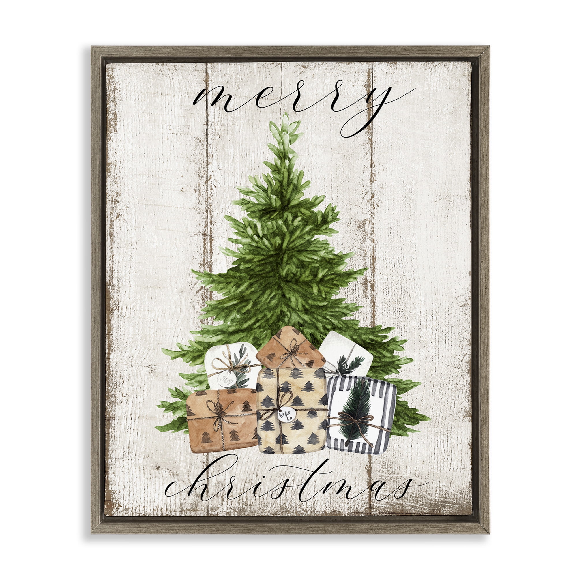 Stupell Industries Rustic Distressed Christmas Tree Holiday Painting Brown Floater Framed Canvas Art Print Wall Art, 25 x 31