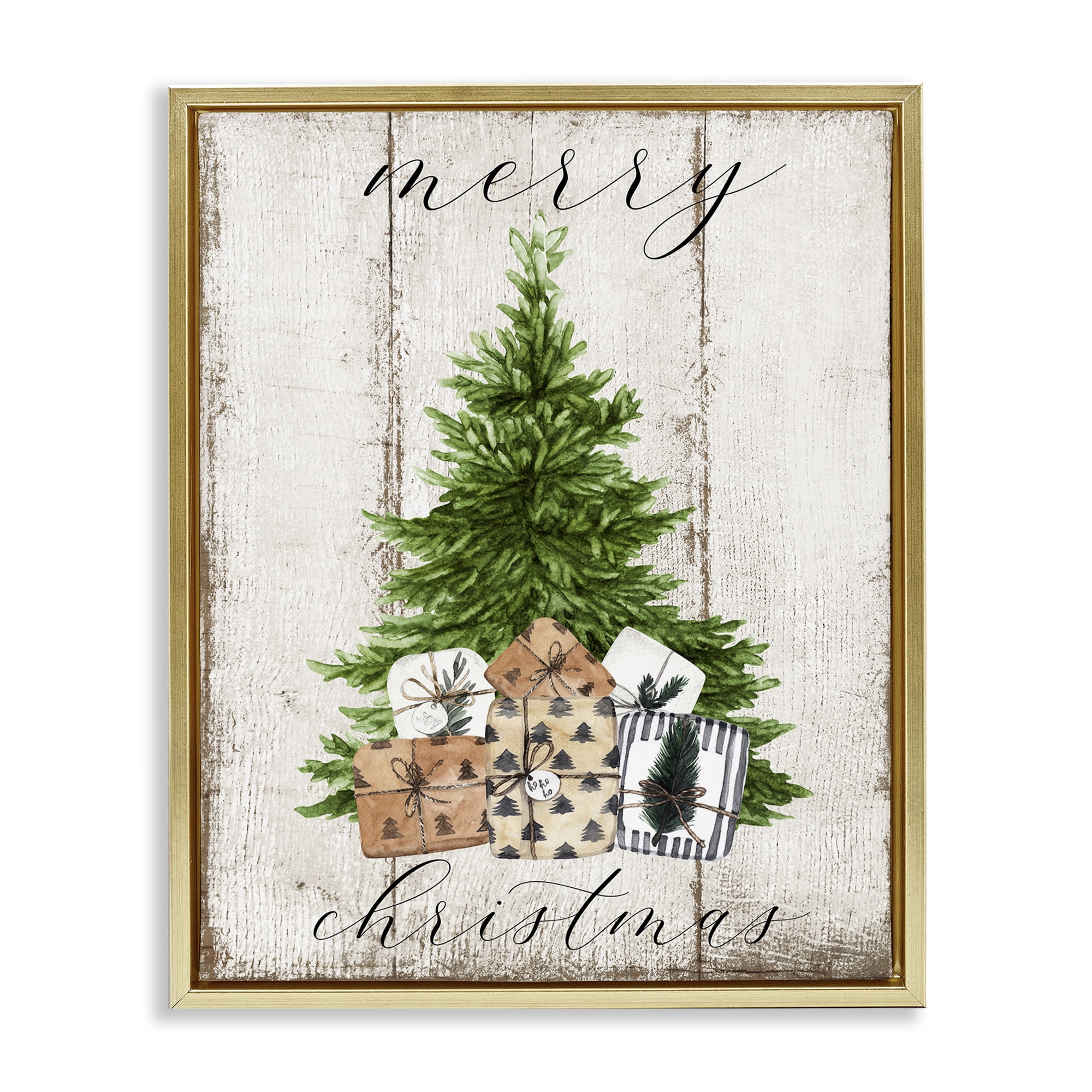 Stupell Industries Rustic Distressed Christmas Tree Holiday Painting Gold Floater Framed Canvas Art Print Wall Art, 17 x 21