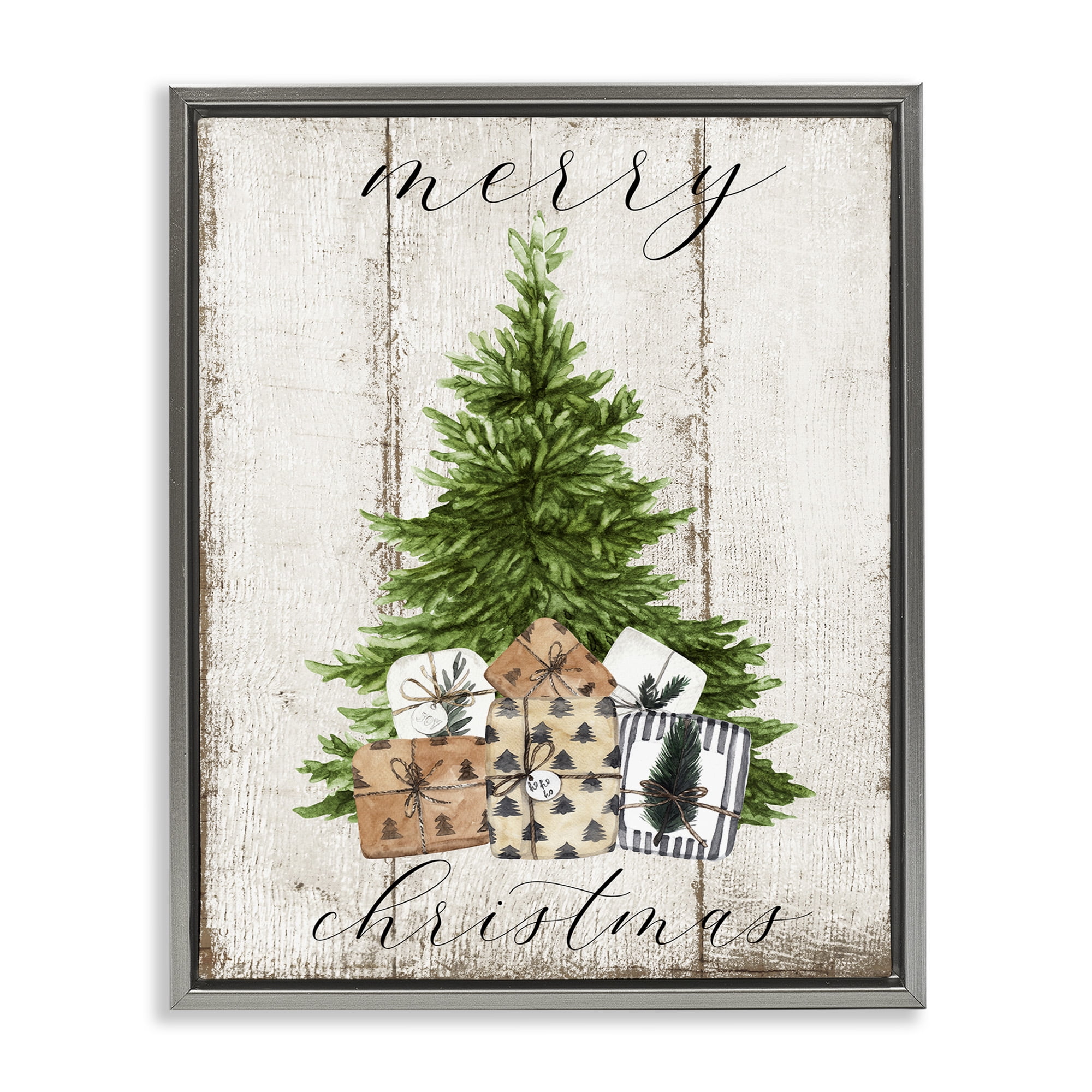 Stupell Industries Rustic Distressed Christmas Tree Holiday Painting Gray Floater Framed Canvas Art Print Wall Art, 17 x 21