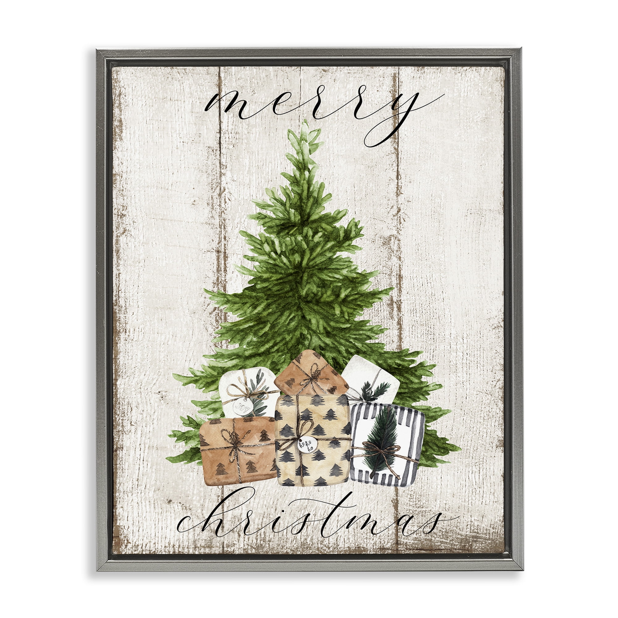 Stupell Industries Rustic Distressed Christmas Tree Holiday Painting Gray Floater Framed Canvas Art Print Wall Art, 25 x 31