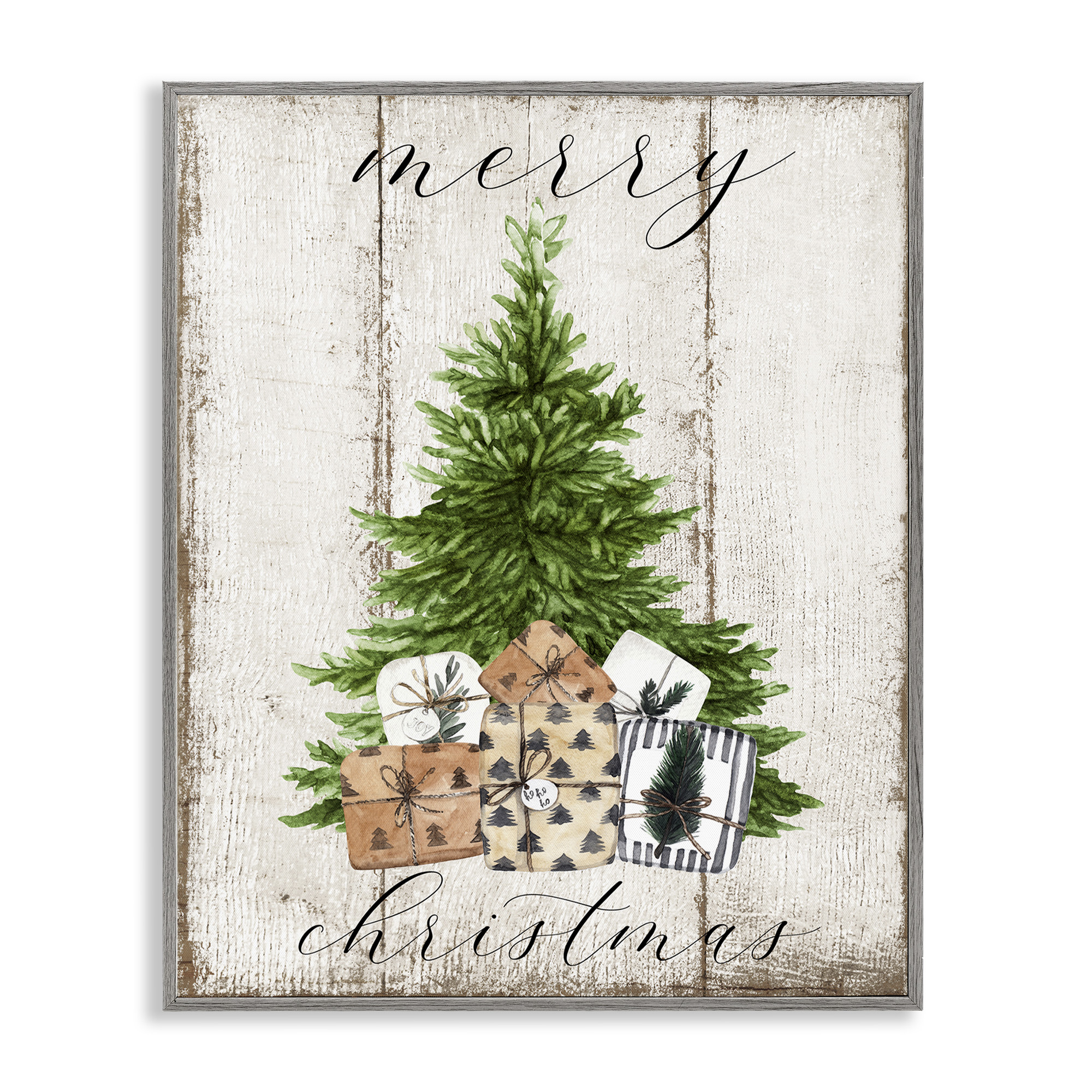 Stupell Industries Rustic Distressed Christmas Tree Holiday Painting Gray Framed Art Print Wall Art, 24 x 30