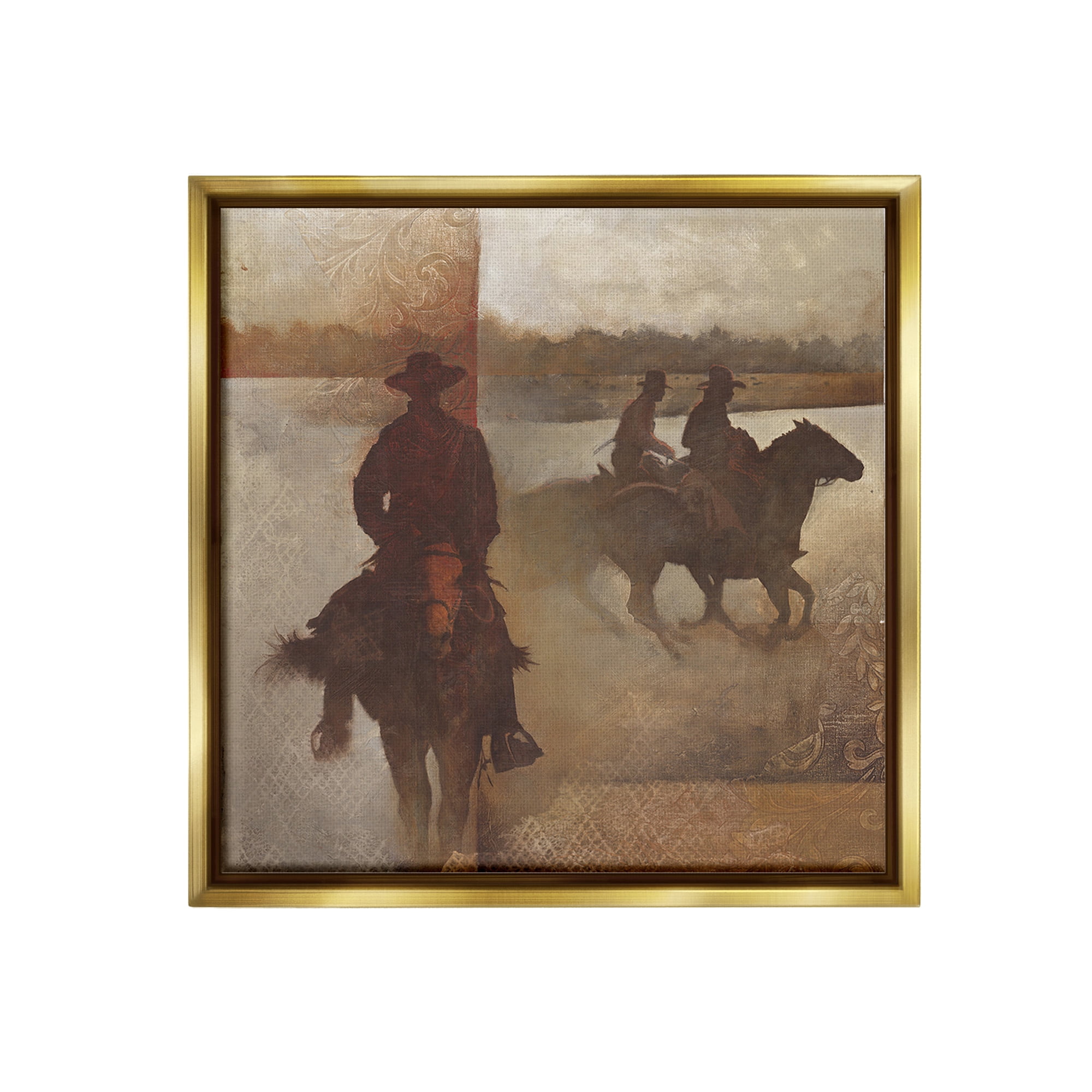 Stupell Industries Rustic Equestrian Collage Animals & Insects Painting Gold Floater Framed Canvas Art Print Wall Art, 18 x 18