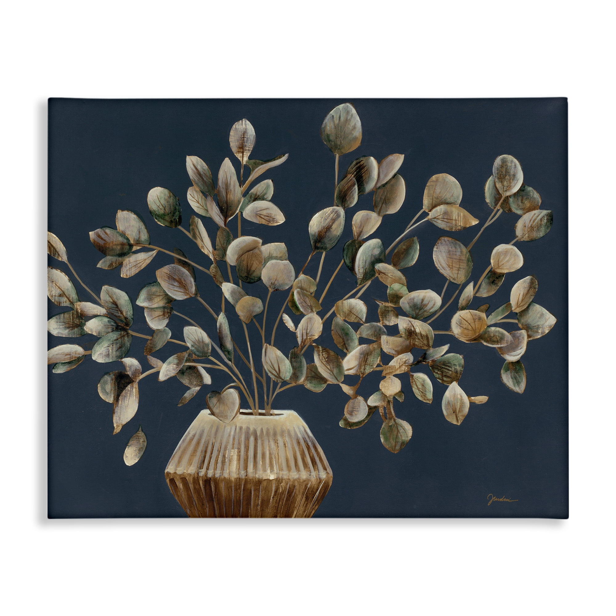 Large Dark Blue Canvas with Rustic Eucalyptus Leaves Art Print