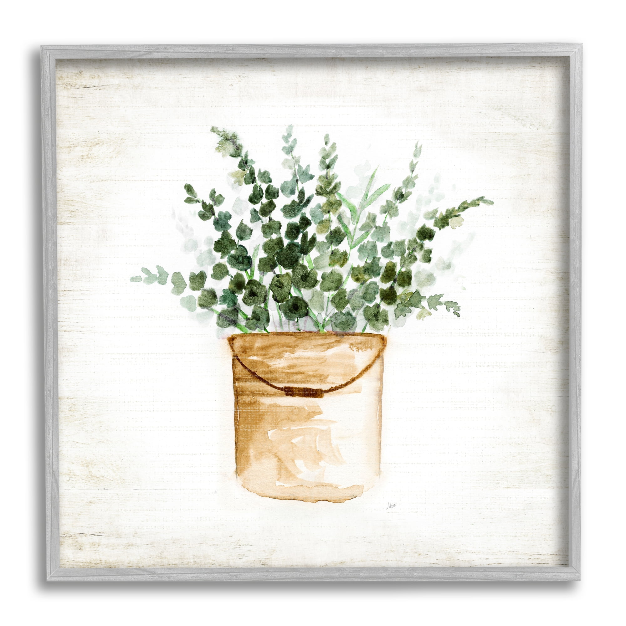 Stupell Industries Rustic Eucalyptus Planter Botanical & Floral Painting Gray Framed Art Print Wall Art, 24 x 24